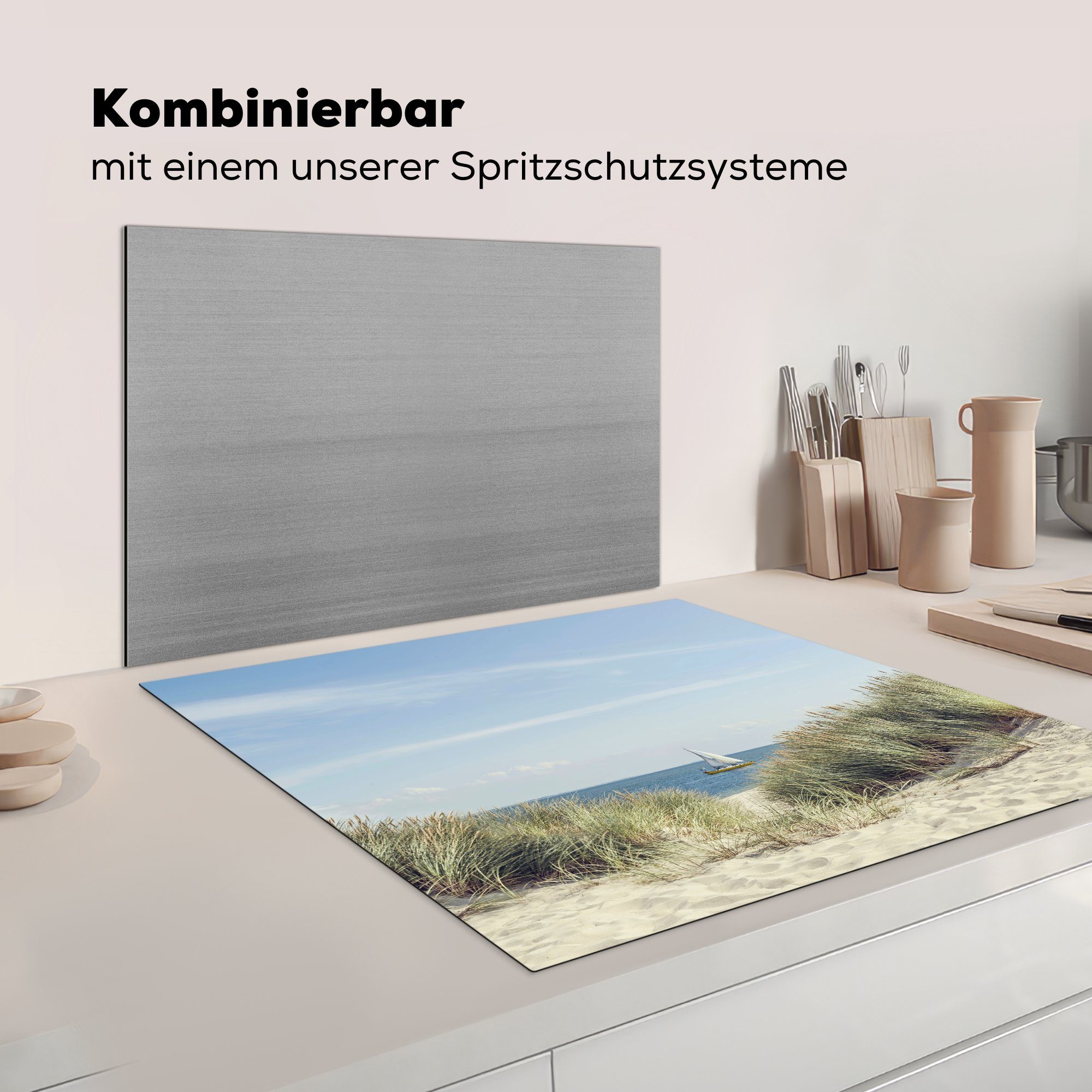 Herdblende-/Abdeckplatte Ceranfeldabdeckung, 78x78 Dünen MuchoWow Vinyl, tlg), Boot, Arbeitsplatte - - Nordsee cm, küche für (1