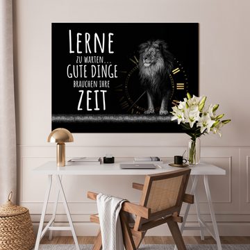 wandmotiv24 Leinwandbild Löwen, Querformat, Löwe, lerne zu warten, Uhr, Tiere (1 St), Wandbild, Wanddeko, Leinwandbilder in versch. Größen