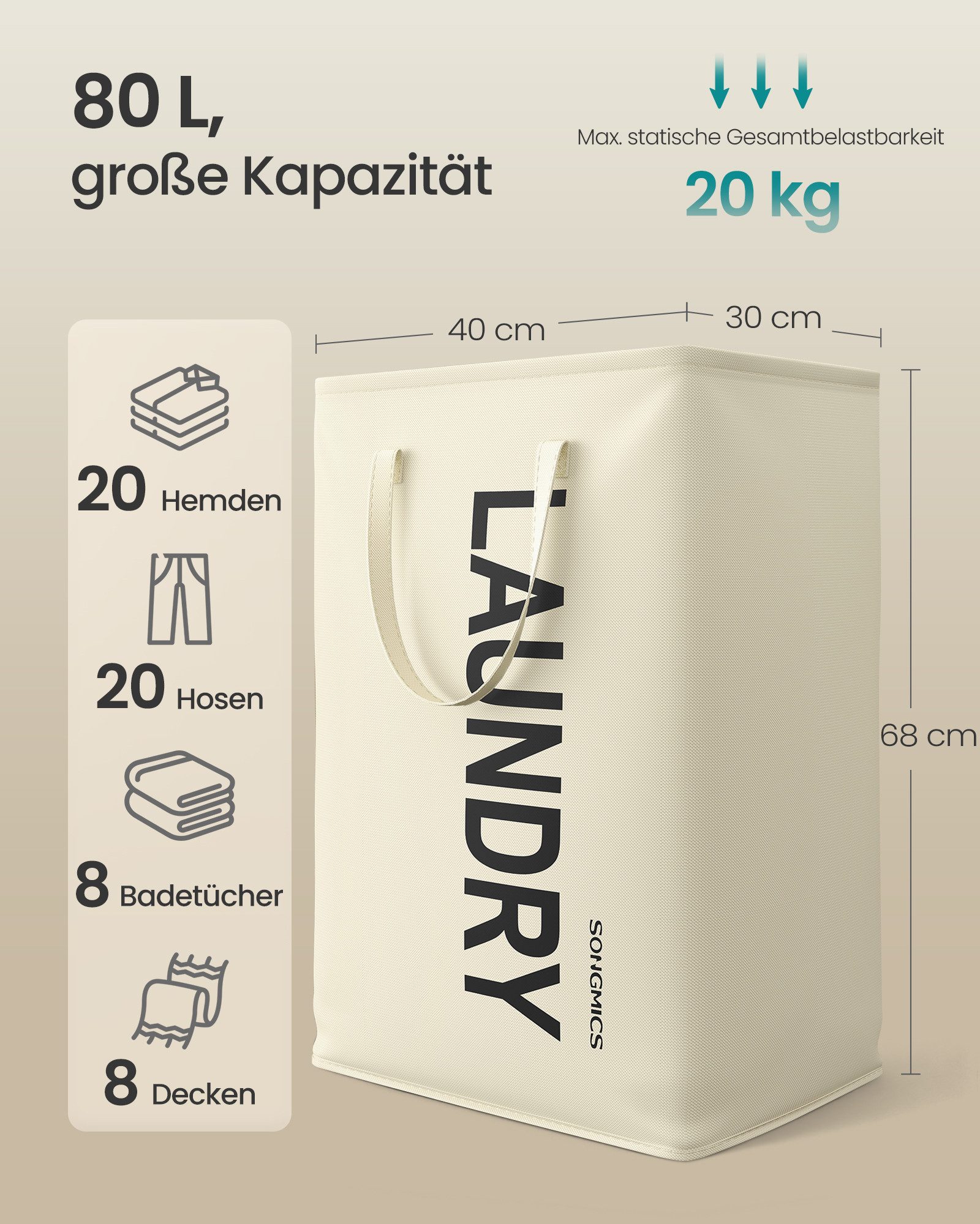 SONGMICS Wäschekorb leicht zu tragen und zu reinigen, für Schlafzimmer Badezimmer (2 St), 80 L,2er Set, Wäschesammler faltbar, Aufbewahrungskorb, mit Henkel – Bild 3 von 5