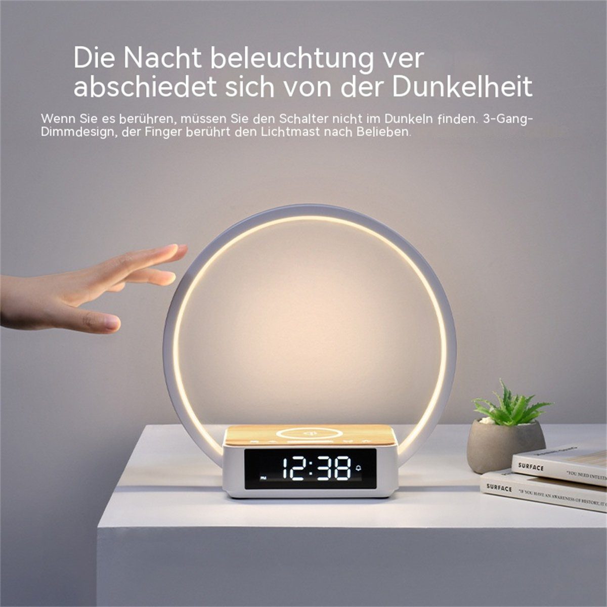 carefully Wecker Nachttischlampe LED-Nachttischlampe selected runde + Intelligente Handy-Ladefunktion LED mit