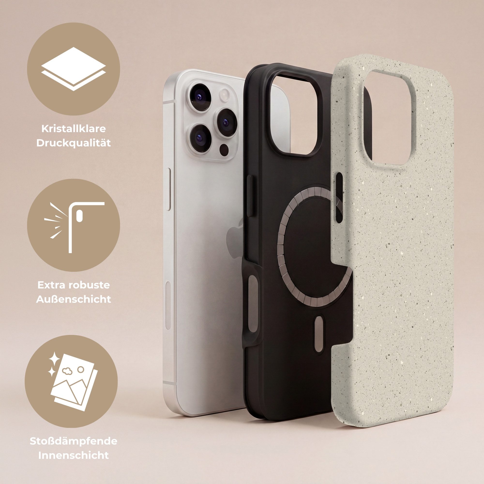 OnlyWow Handyhülle Magsafe für Apple iPhone 16 Pro Hellbeige - Terrazzo - Grau, Handy Case, Hardcase, Stoßfest, Bumper Case