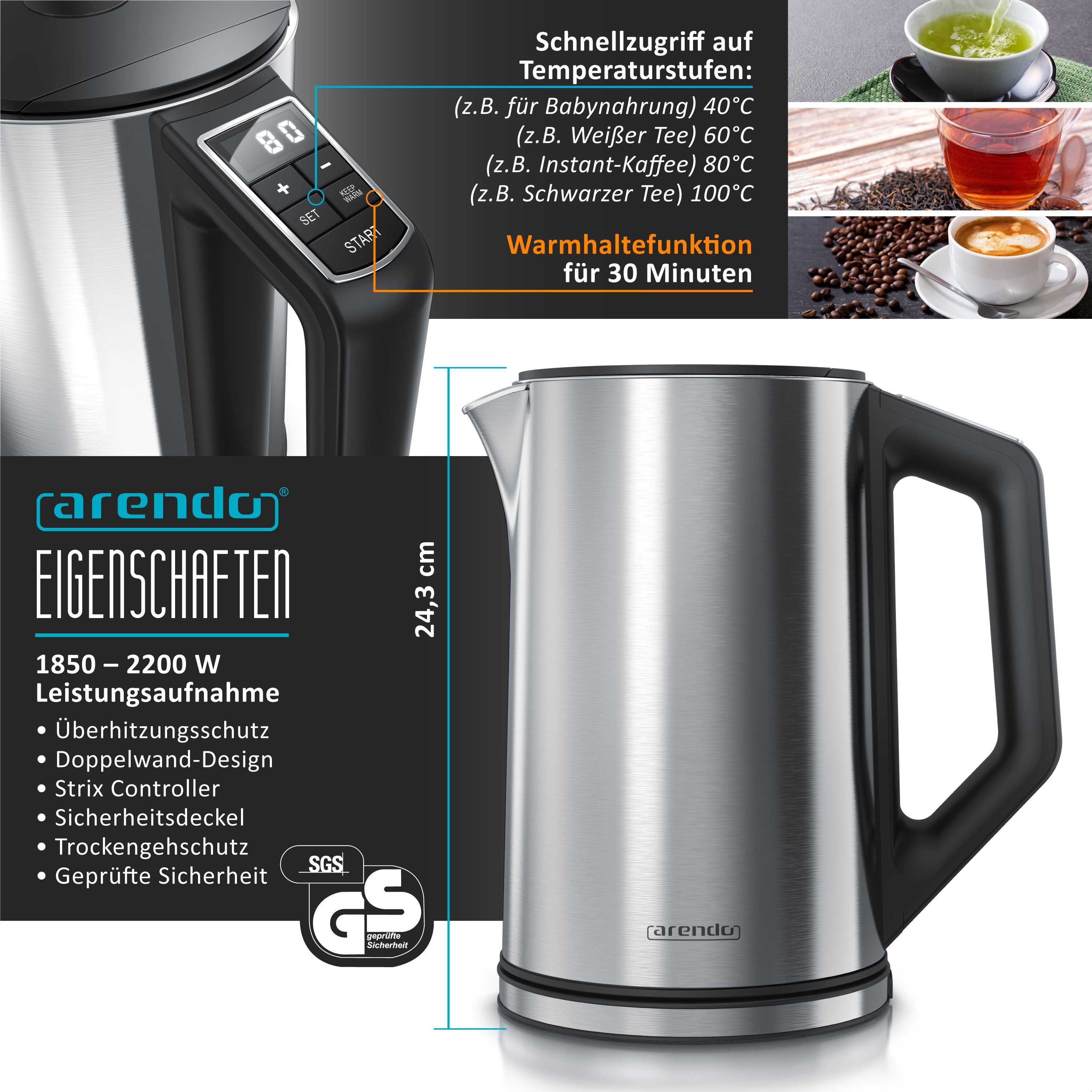 Arendo Frühstücks-Set (3-tlg), Wasserkocher 1,5l, 4-Scheiben Toaster, 8er Eierkocher, Silber
