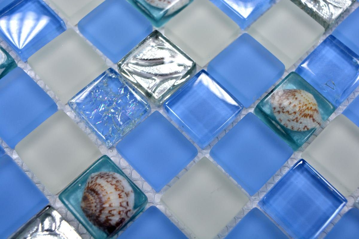 Mosani Mosaikfliesen Muschelmosaik Mosaikfliesen weiss matt blau silber Glasmosaik