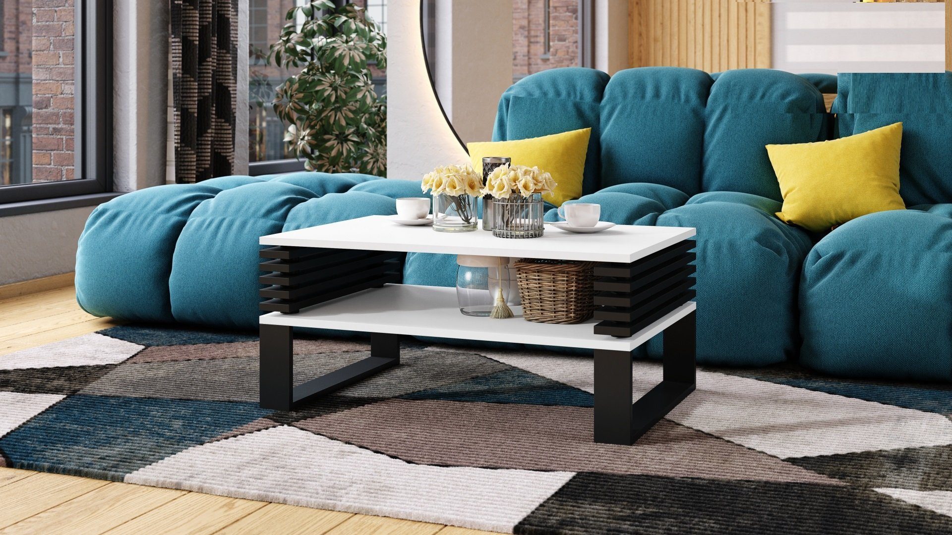 designimpex Couchtisch Design Gokee Tisch Wohnzimmertisch 90x42x60cm mit Ablagefläche Weiß matt / Schwarz matt