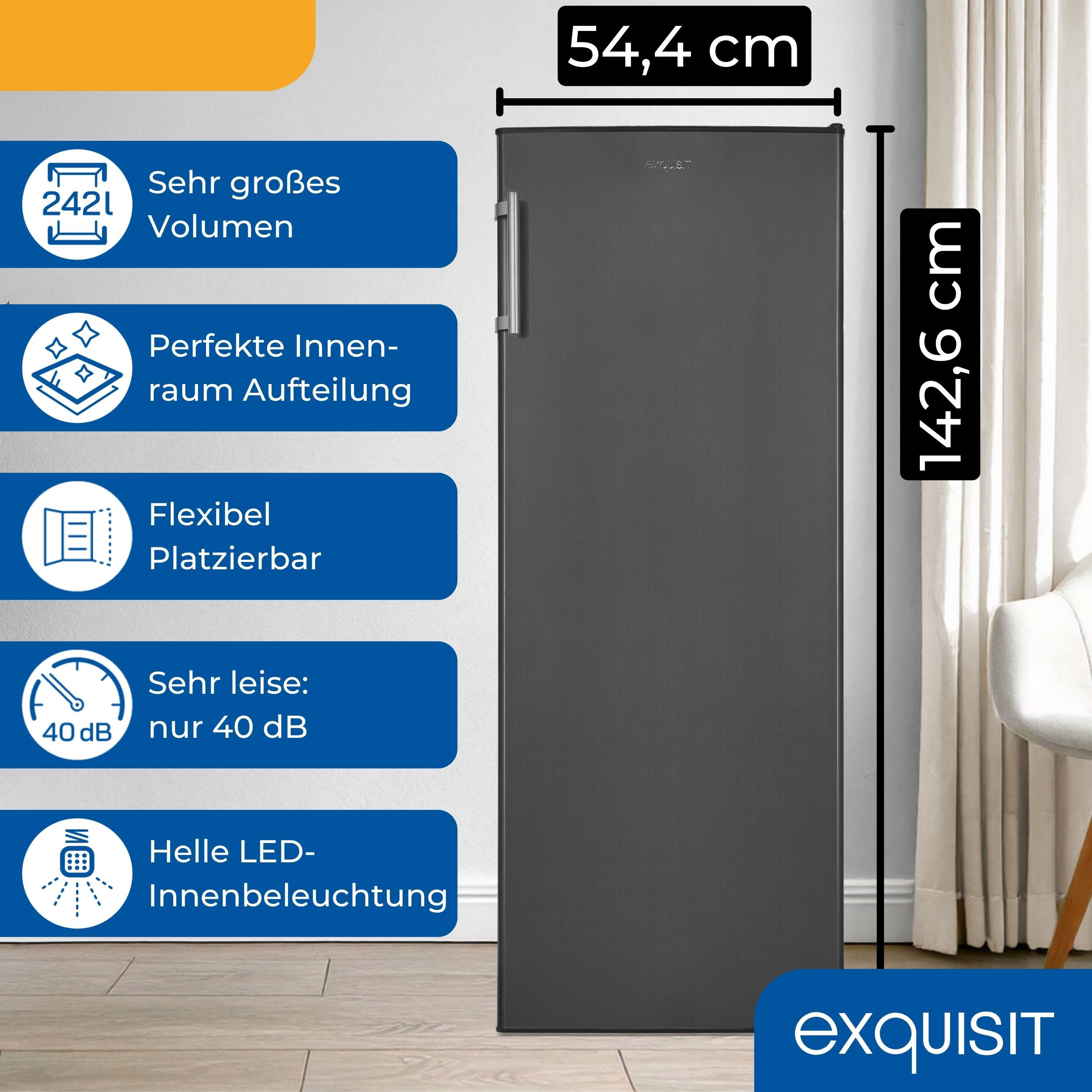 exquisit Vollraumkühlschrank KS320-V-H-040E, 142.6 cm hoch, 54.4 cm breit, XL-Kühlschrank mit reichlich Platz für Ihr Kühlgut