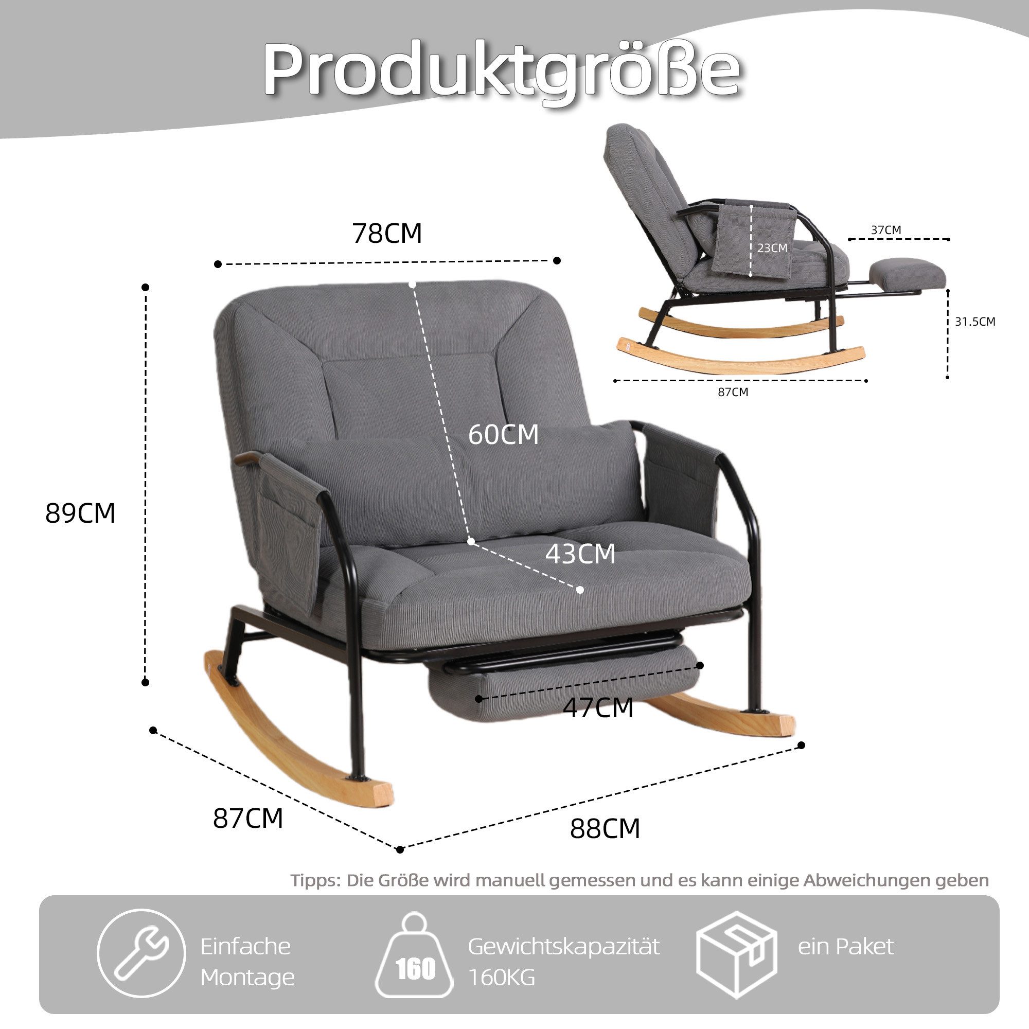Bonzy Home Relaxsessel Schaukelstuhl mit Fußstütze, Verstellbarer Relaxsessel, mit Seitentaschen und Kissen, Tragfähigkeit 150 kg, 100°-160°