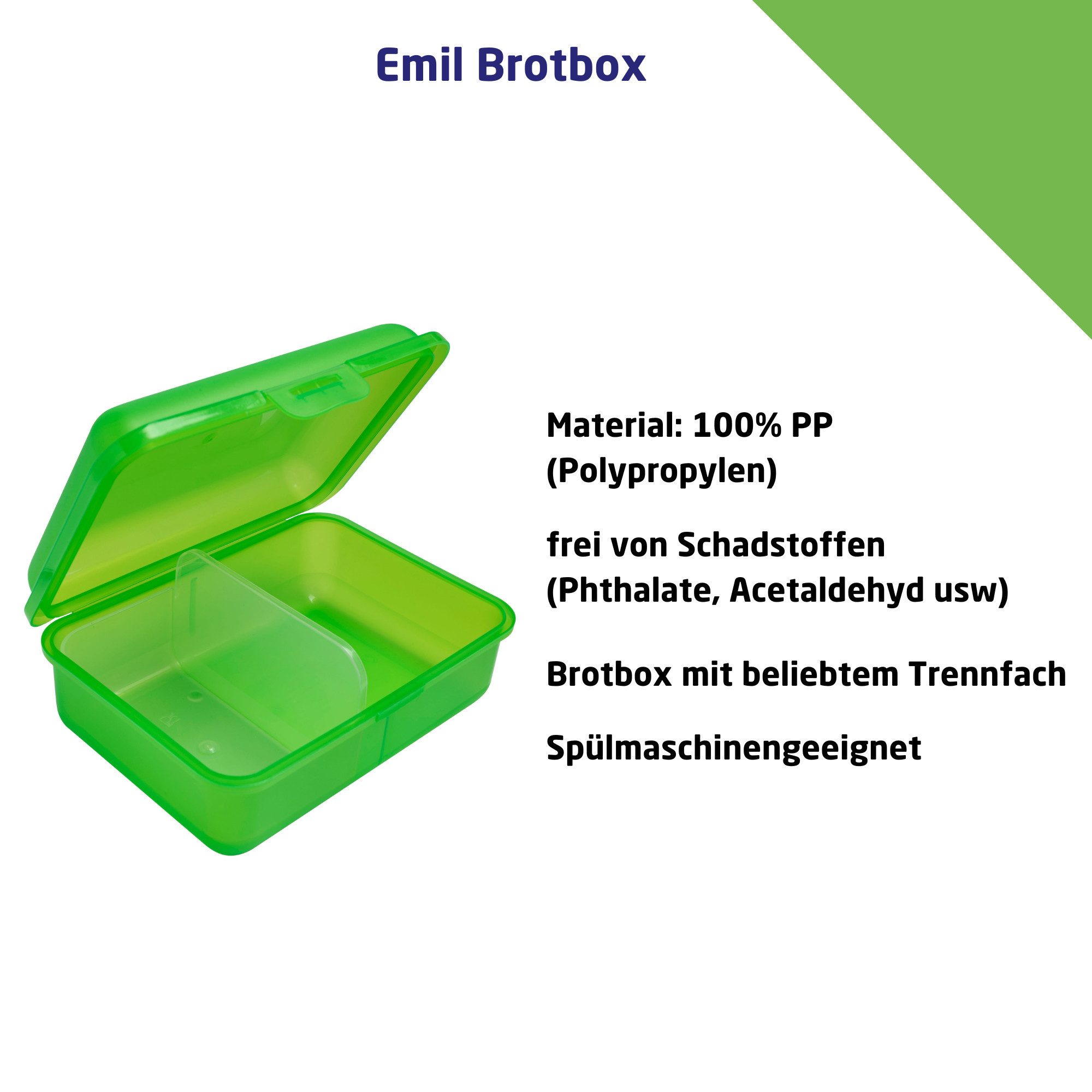 Emil Lunchbox Brotdose Kinder mit Trennfach für Kinder, 100% Polypropylen (PP), (2-tlg., 1x Brotbox, 1x Trennsteg), stabiler Klickverschluss, 100 % BPA frei, Made in Germany