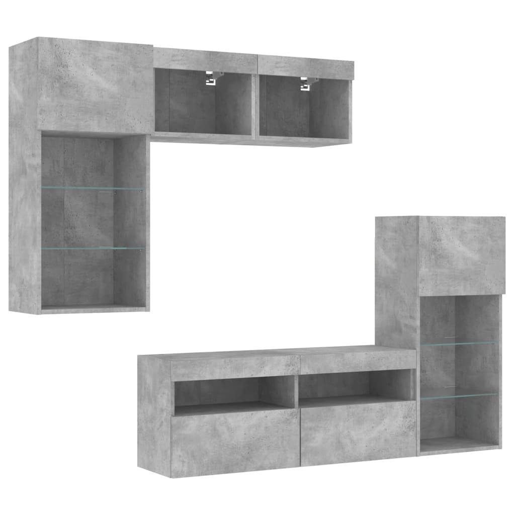 TV-Wand 5-tlg. Wohnwand mit LED-Beleuchtung Betongrau Holzwerkstoff
