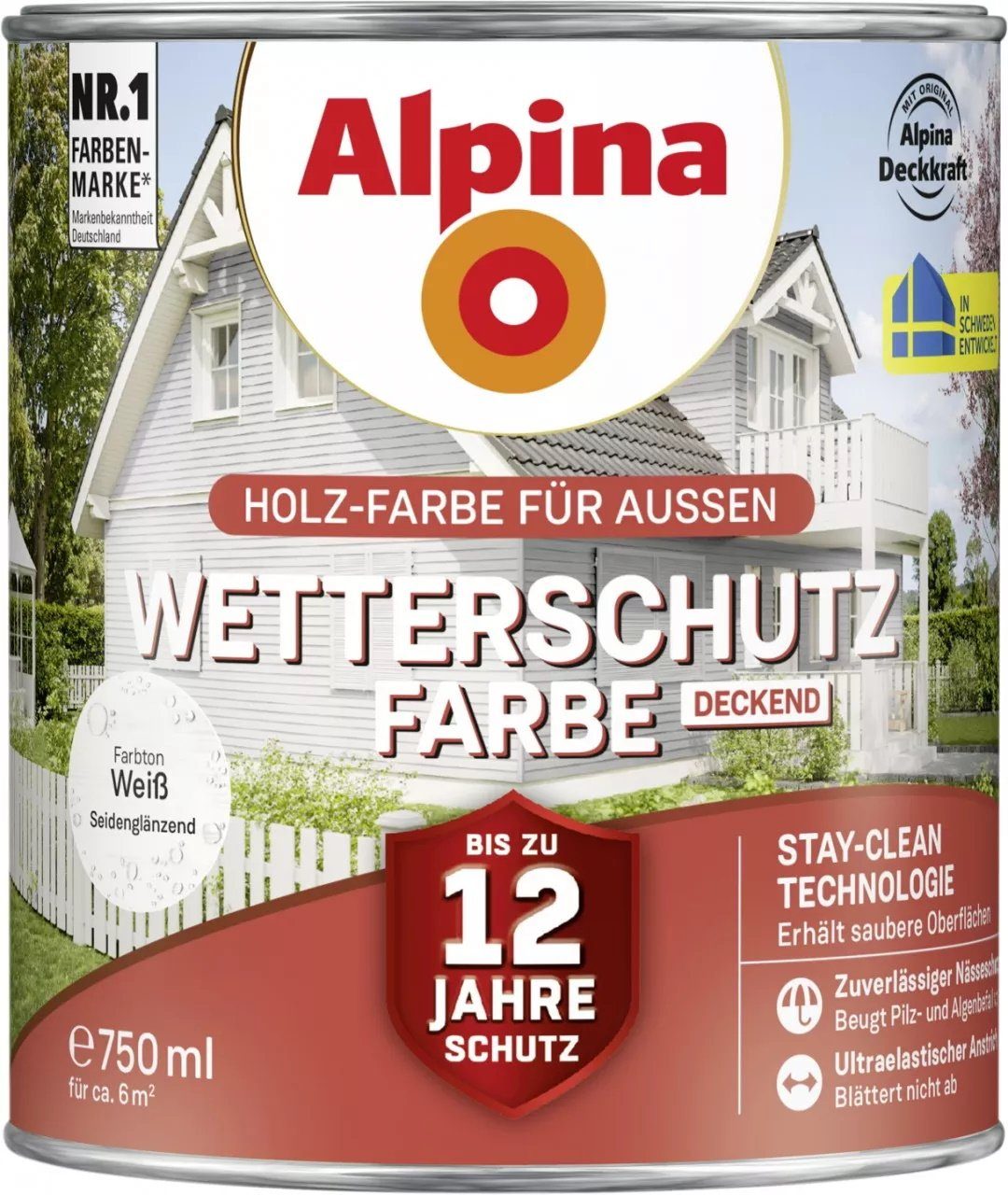 Alpina Wetterschutzfarbe Holzfarbe für außen deckend Weiß 750 ml