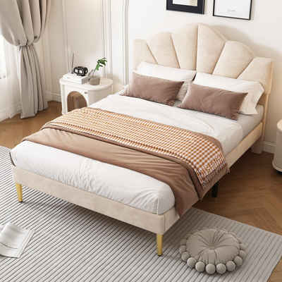 MODFU Polsterbett Muschelartiges Bett (140 X 200 CM Ohne Matratze), Höhenverstellbares Kopfteil,Bett mit goldenen Eisenbeinen