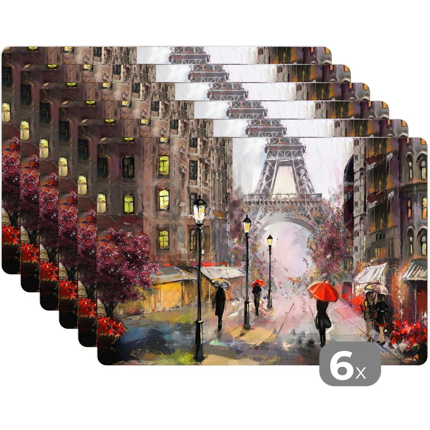 Tischmatten, MuchoWow, - Eiffelturm - Ölgemälde, Platzset, Gemälde - Platzset, (6-St), - Paris Schmutzabweisend Regenschirm Platzdecken, Platzmatte,