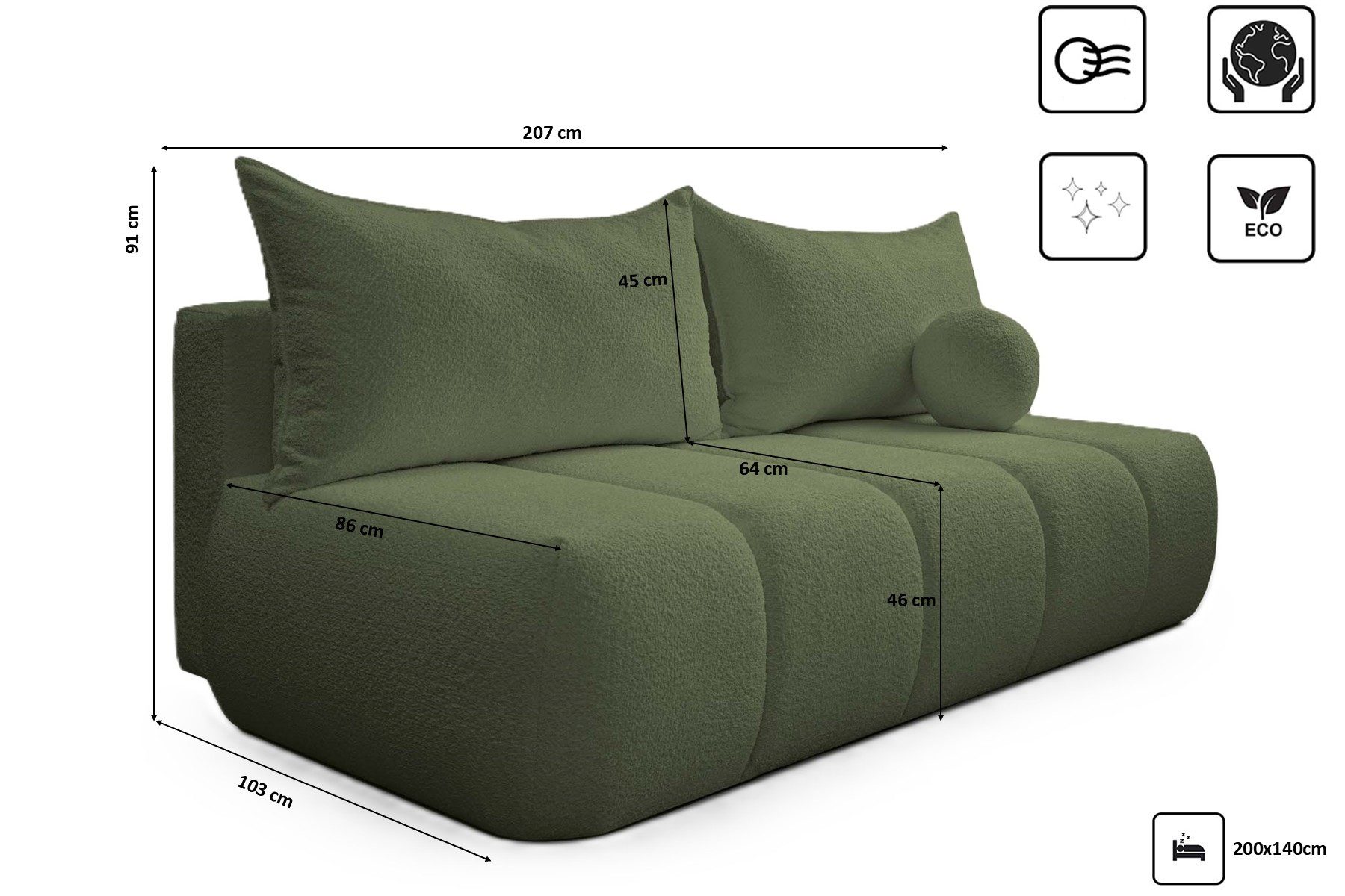 Kaiser Möbel Schlafsofa Dreisitziges Sofa PIANO mit Schlaffunktion, Komfortabel, praktisch und freistehend