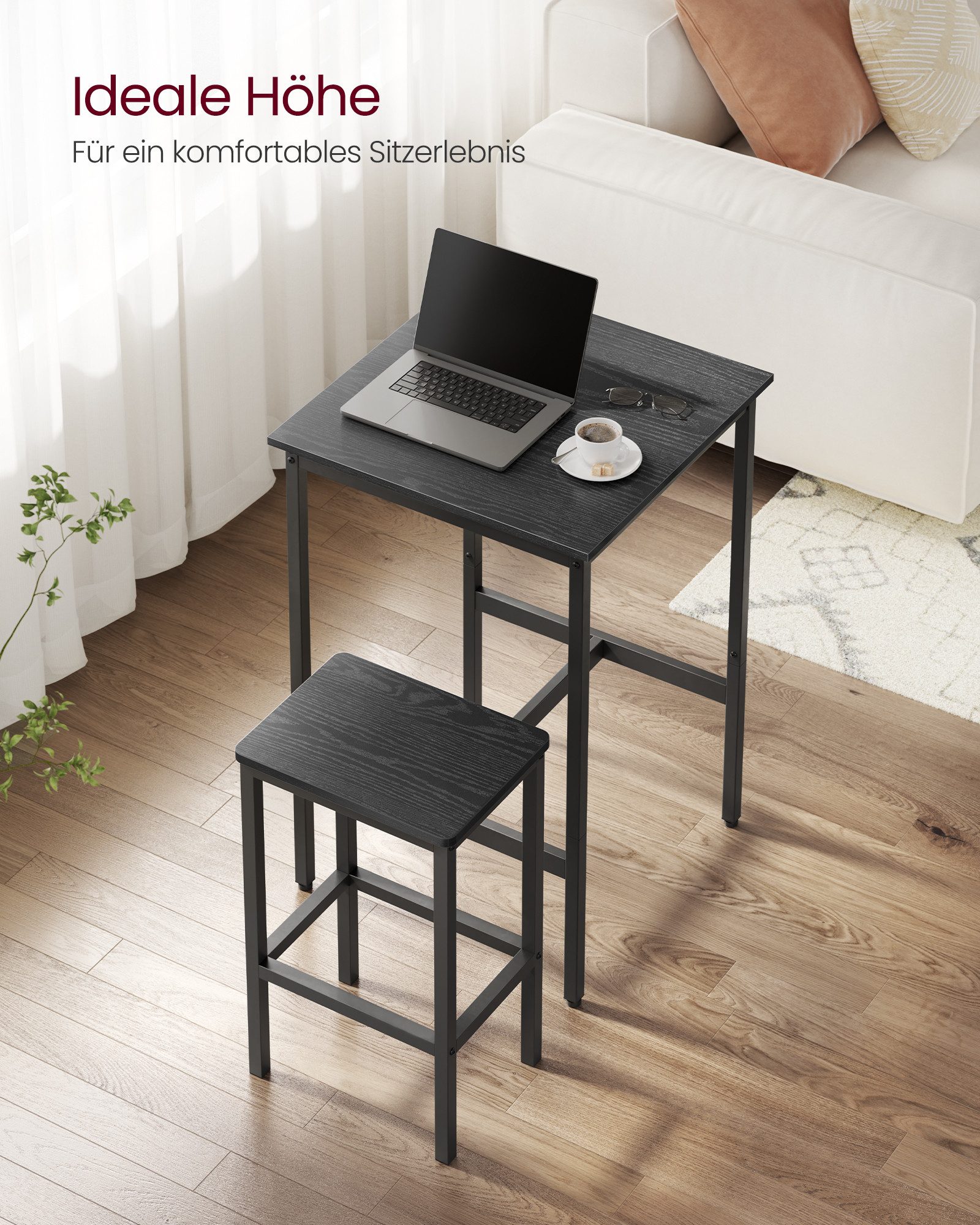 VASAGLE Bartisch Bartisch-Set, Esstisch(60 x 60 x 90 cm) mit 2 Barhochern
