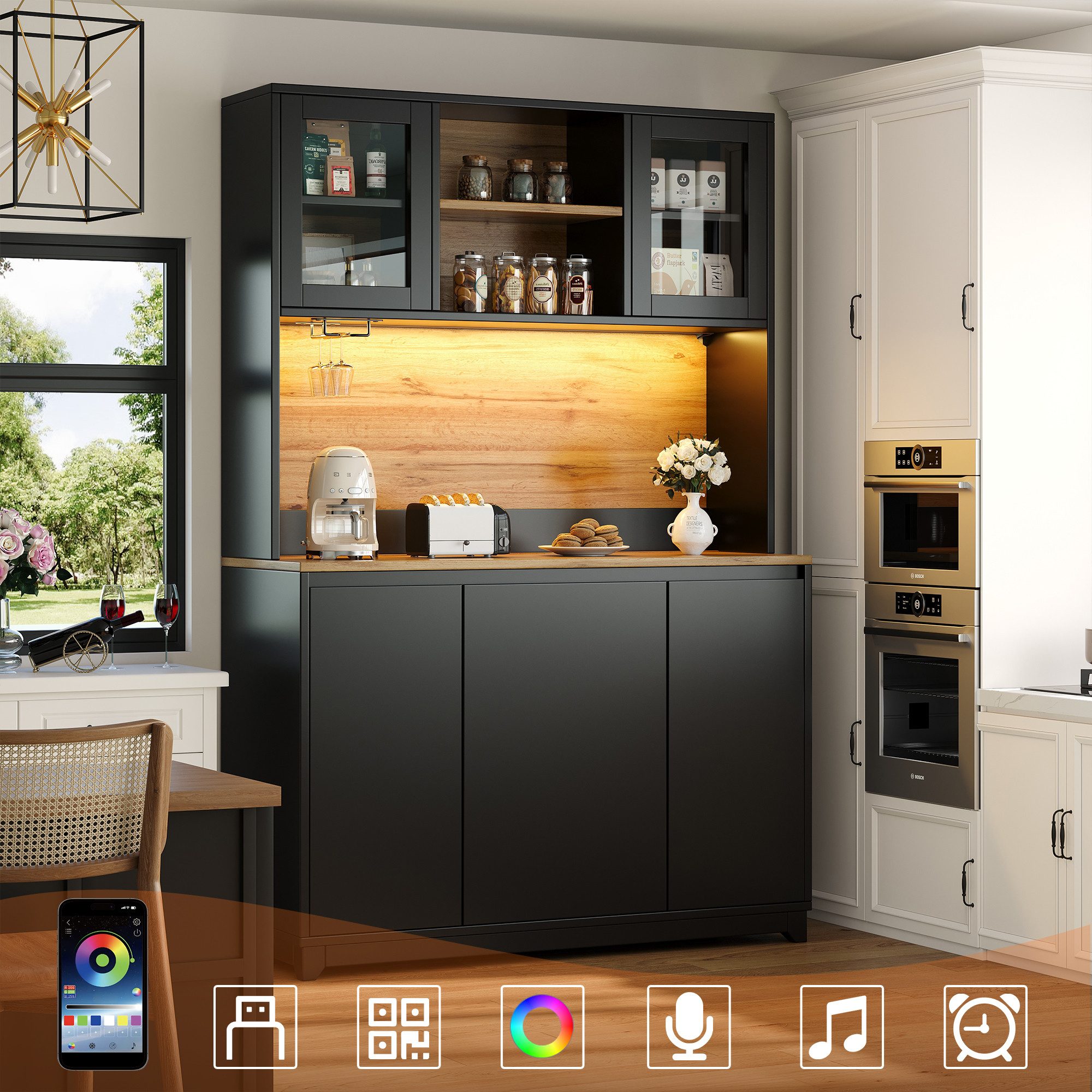 Flieks Küchenbuffet mit LED-Beleuchtung, Acryltüren, Gläserhalter und Klapp günstig online kaufen