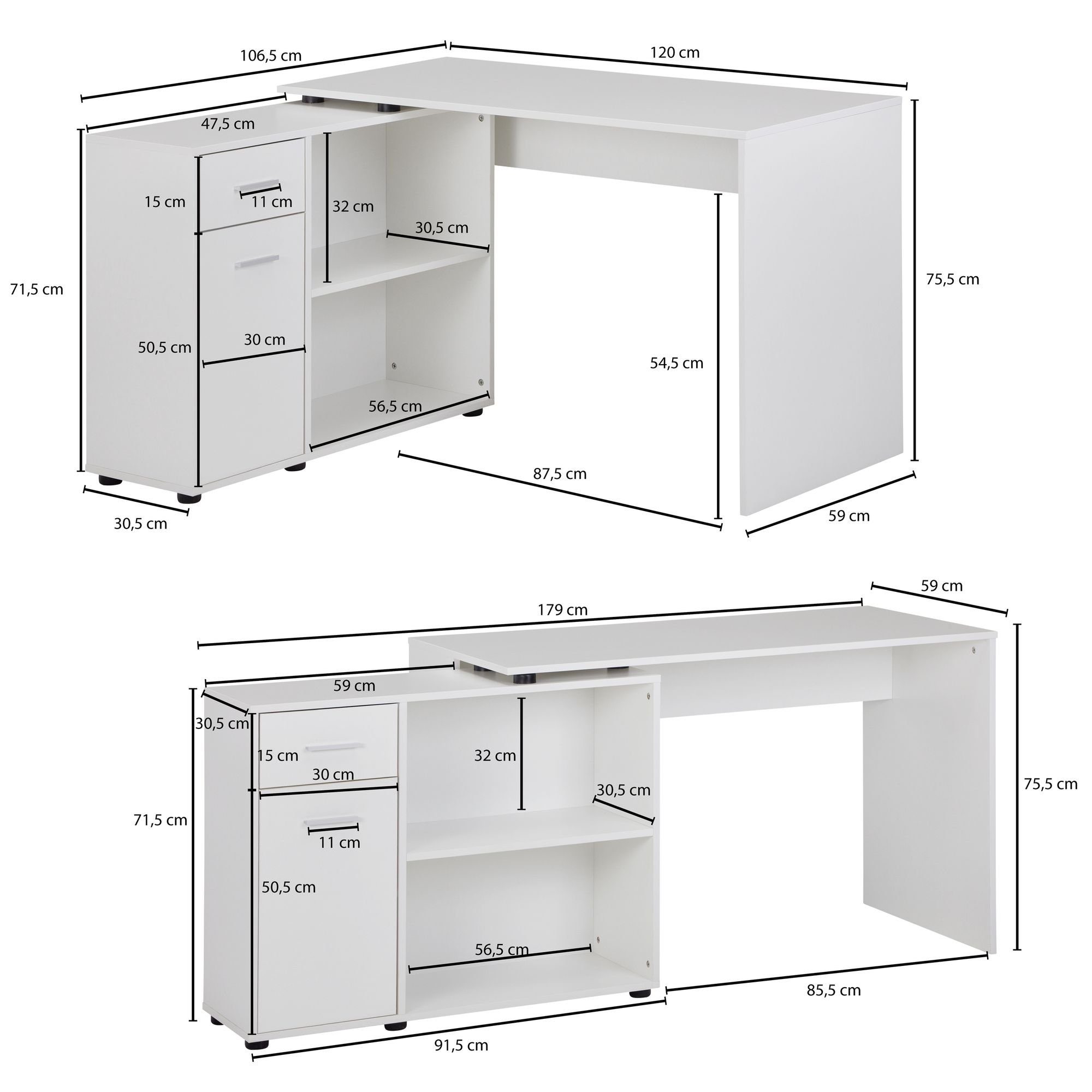 möbelando Schreibtisch Design Eckschreibtisch mit Regal Weiß 120 x 75,5 x 106,5 cm, Moderner, 107 x 75 x 120 cm (B/H/L)