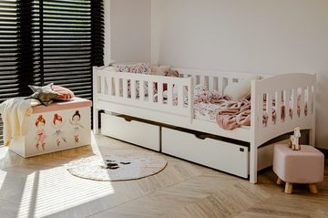 thematys Kinderbett 90x200 cm in Weiß – Einzelbett mit 2 Schubladen, mit Rausfallschutz, Kindersicher, Massivholz, Kinderzimmer für Jungen und Mädchen