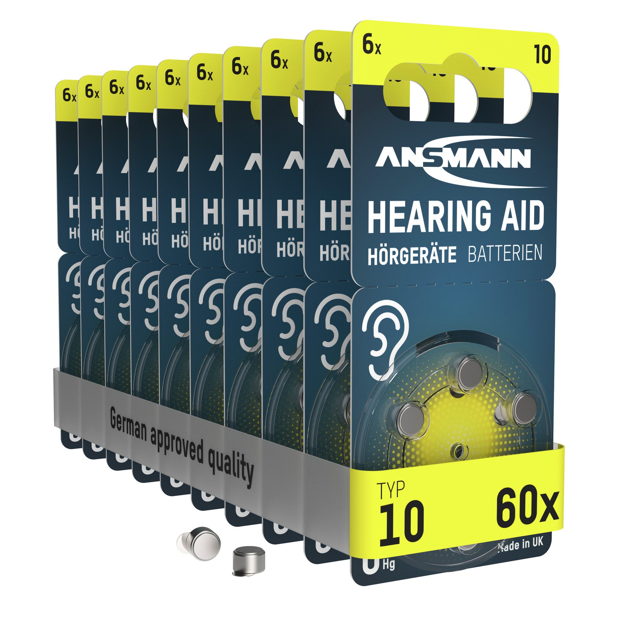 ANSMANN AG Hörgerätebatterien Typ 10 gelb P10 PR70 ZL4, 60 Stück Knopfzelle
