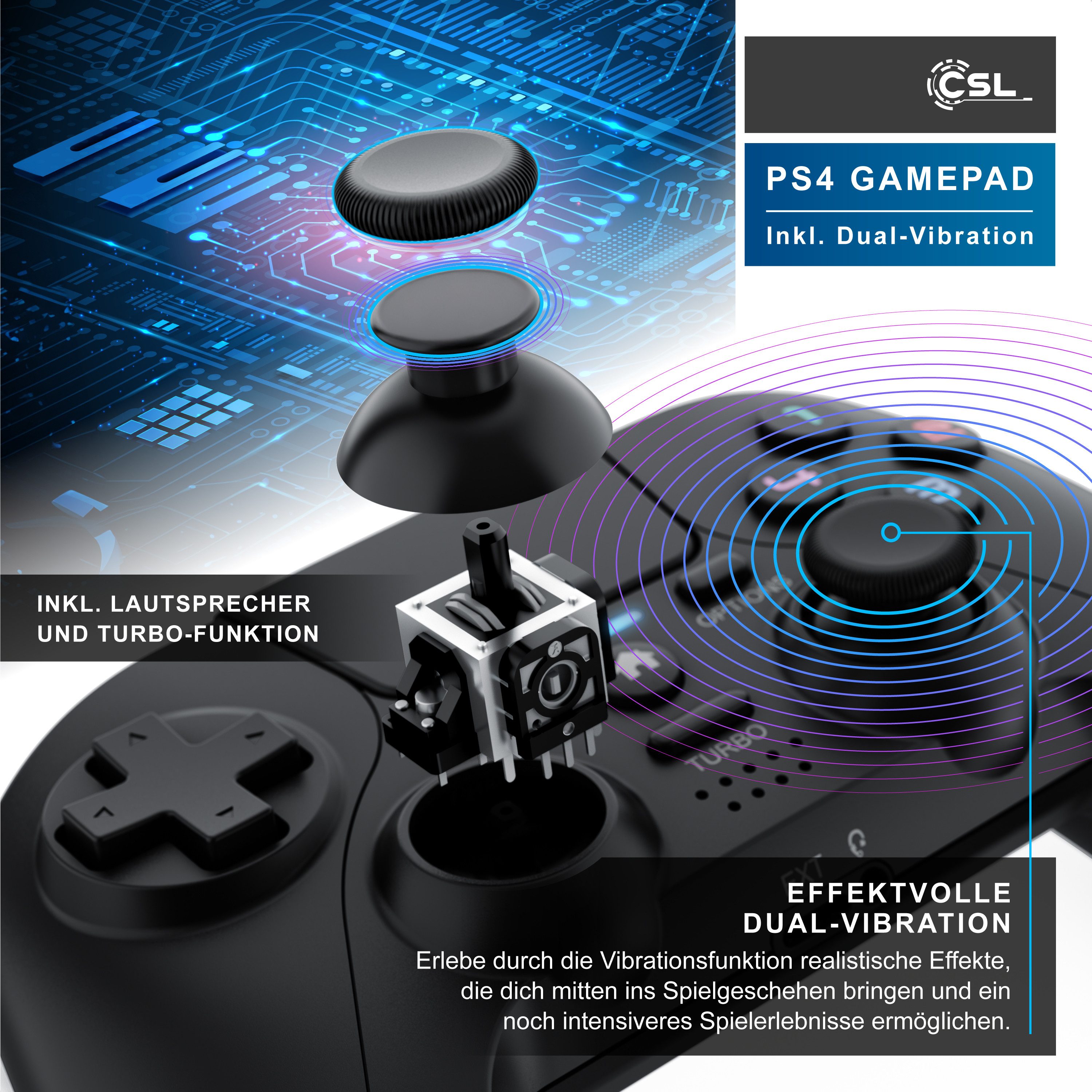 CSL Wireless Gamepad für PS4 & PC, Dual Vibration, Touchpad, Lautsprecher PlayStation 4-Controller (1 St., für Playstation 4 Pro / Slim, Lichtleiste Bluetooth, Headset Anschluss)