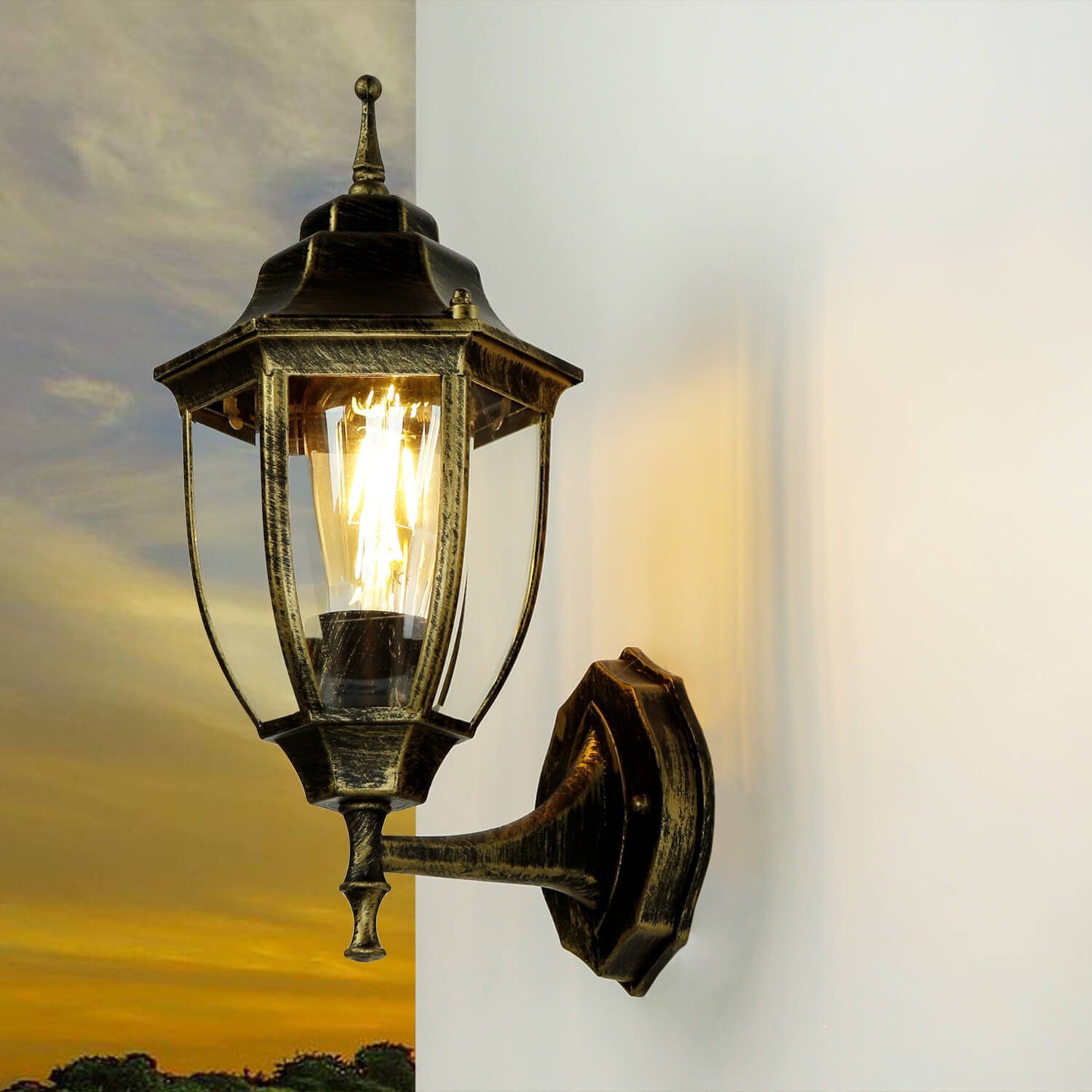 Top-Verkaufskampagne Licht-Erlebnisse Außen-Wandleuchte LYON, ohne außen Leuchtmittel, 35,5 Wandlampe cm Laterne Balkon Terrasse Leuchte Gold Antik