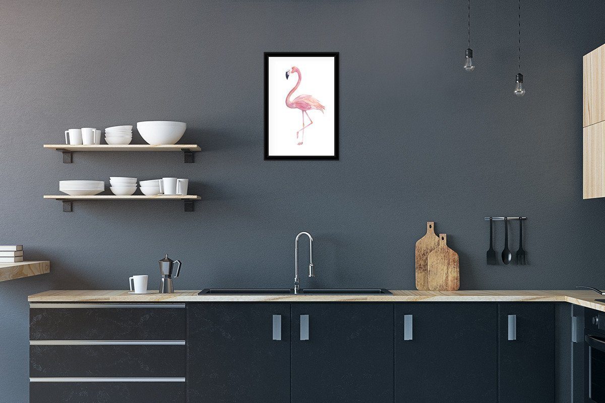 Wanddeko, - Gerahmtes (1 Poster, Rosa, Wandposter, Flamingo - Poster Bilder, Schwarzem St), MuchoWow Aquarell Bilderrahmen