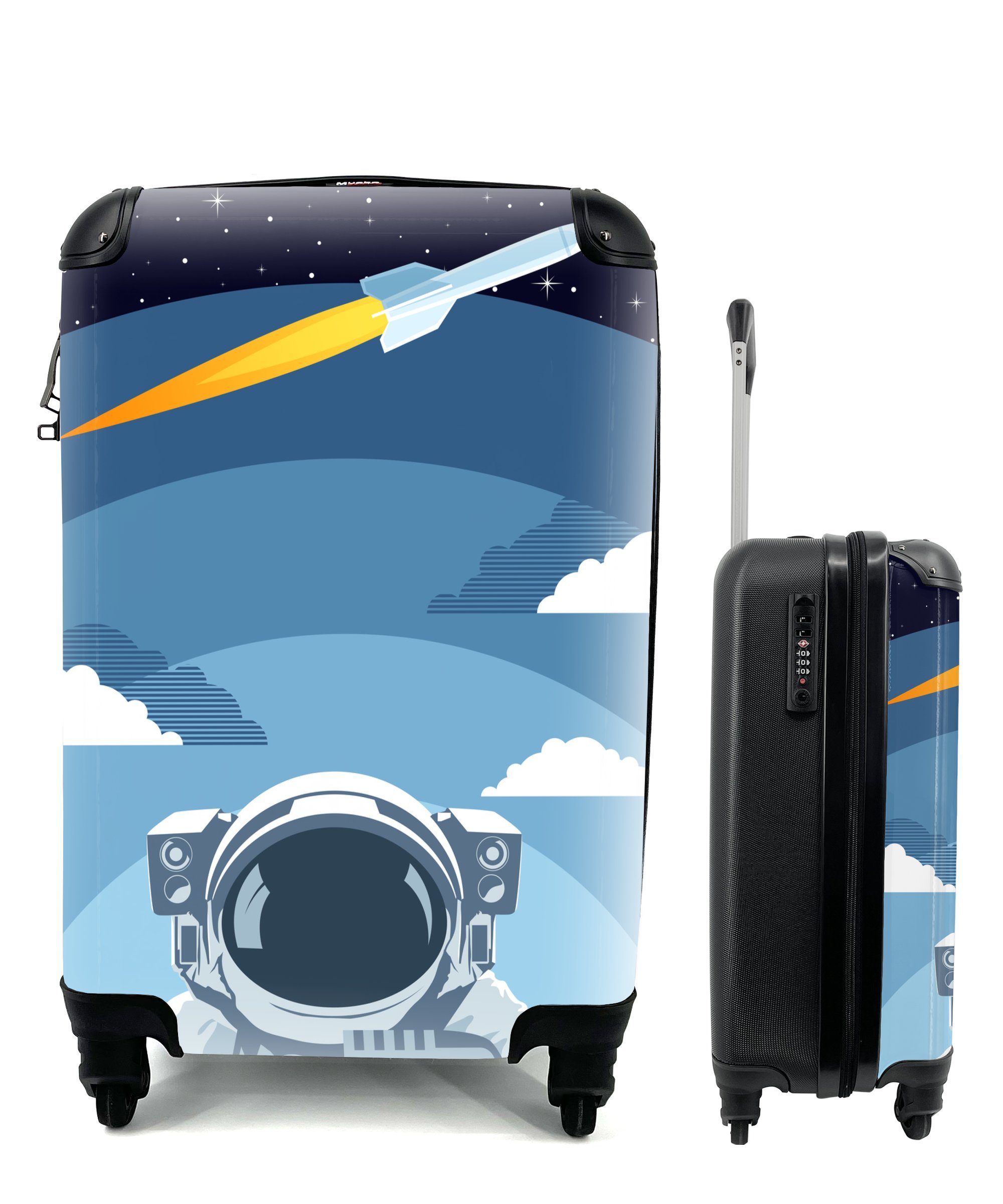 MuchoWow Handgepäckkoffer Astronaut - Rakete - Wolken, 4 Rollen, Reisetasche mit rollen, Handgepäck für Ferien, Trolley, Reisekoffer