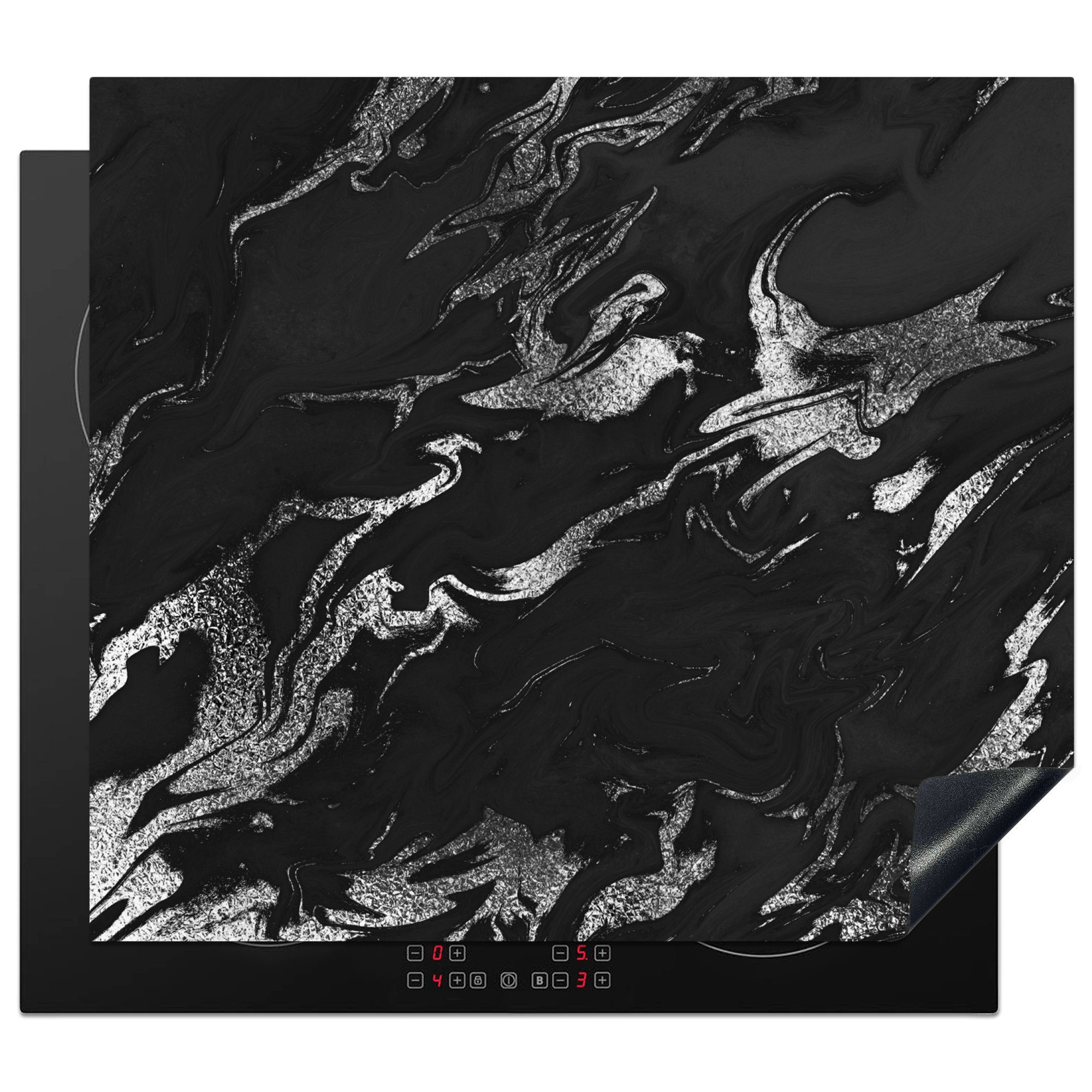 MuchoWow Herd-Abdeckplatte Marmor - Schwarz - Silber - Luxus, Vinyl, (1 tlg), Küche Herdabdeckplatte Ceranfeld Vinyl Einteilig, 59x52 cm