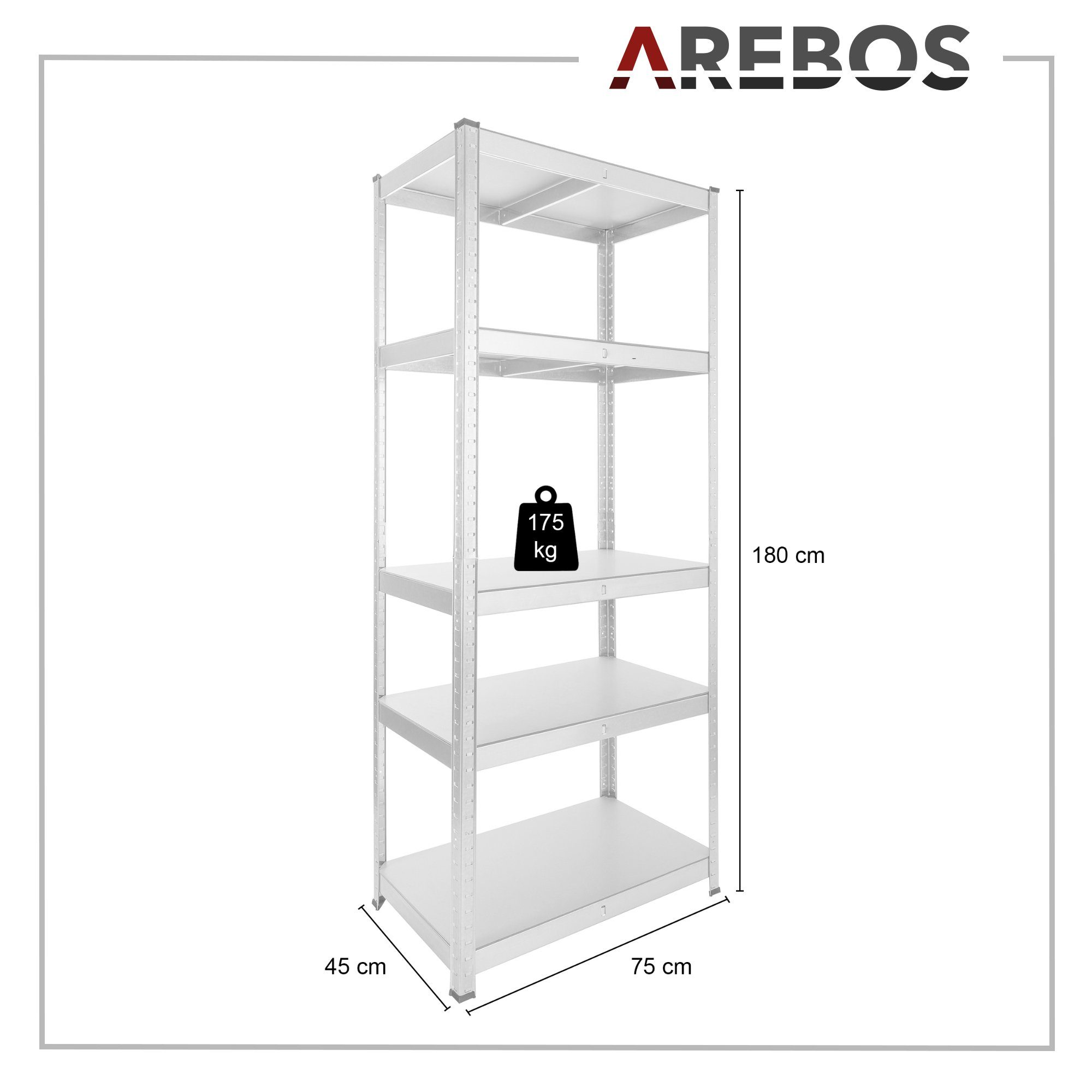 Arebos Schwerlastregal 180 x75x45 cm, 5 Böden, 875 kg Traglast, Steckregal, Lagerregal, Set 2-tlg., Flexibel einsetzbar: für Werkstatt, Garage, Keller oder Lage – Bild 4 von 5
