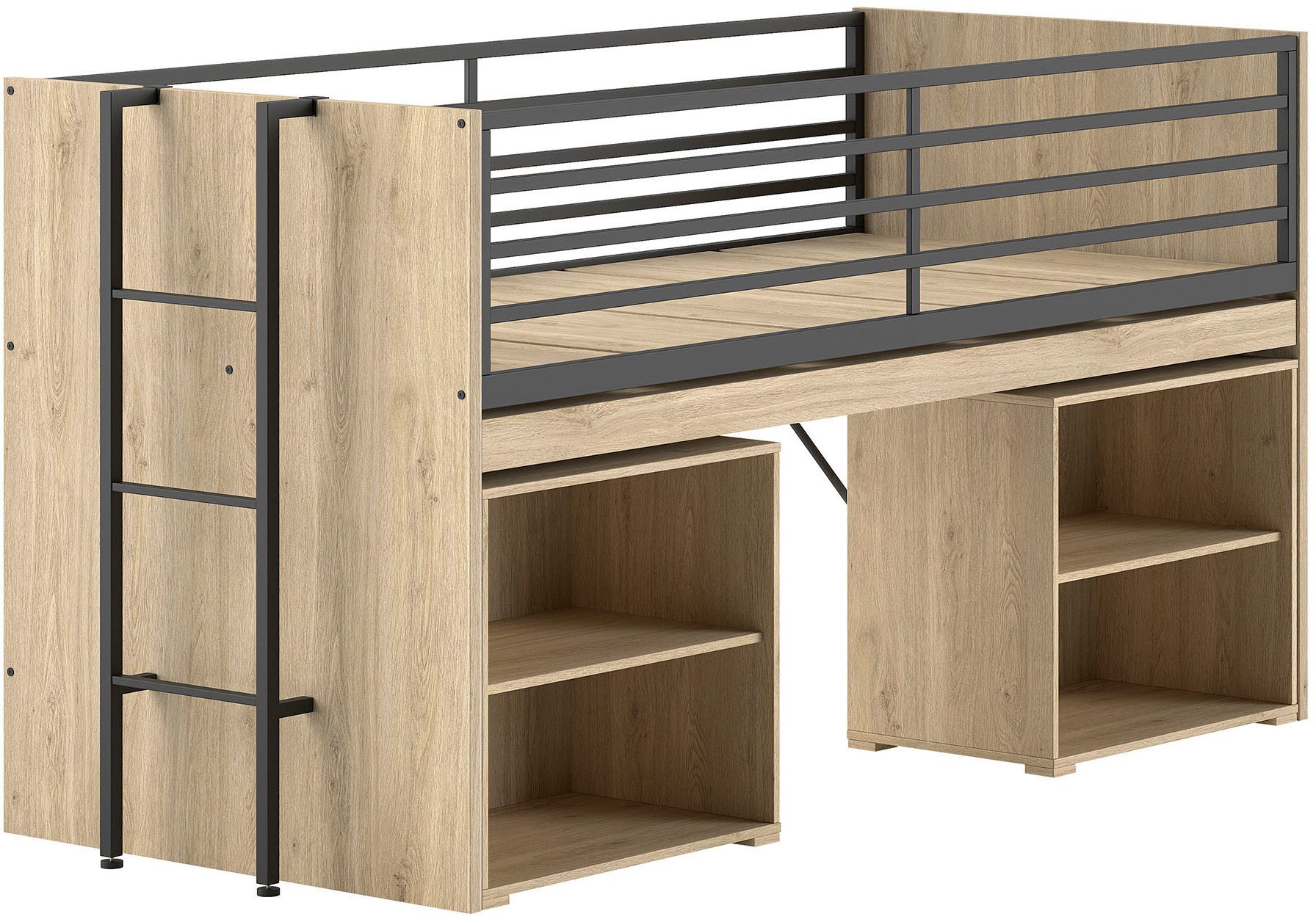 Vipack Stauraumbett Sam, schlafen und arbeiten in einem, wahlweise Eiche- oder Weiß-Dekor (Liegefläche 90x200 cm, darunter eine große ausziehbare Schreibplatte), mit Absturzschutz, Leiter u. 2 Regale, pflegeleichte Dekor Oberfläche