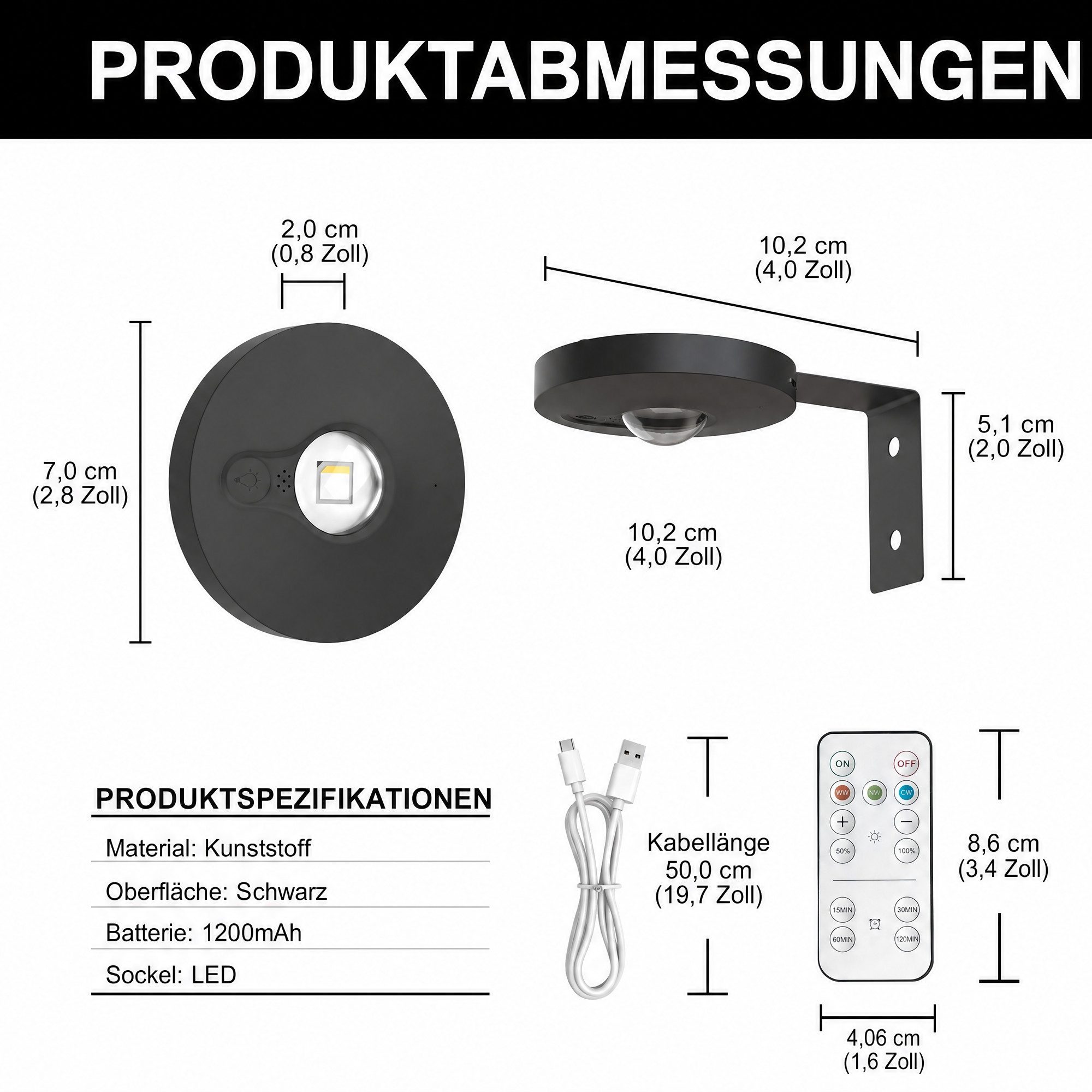 LOHAS-LED LED Bilderleuchte 3er Set Mini Katzenauge LED Wandlampen kabellos mit Fernbedienung, LED fest integriert, Warmweiß, Tageslicht, Kaltweiß, 0,6W 1200mAh Akku dimmbar, montierbar ohne Bohren