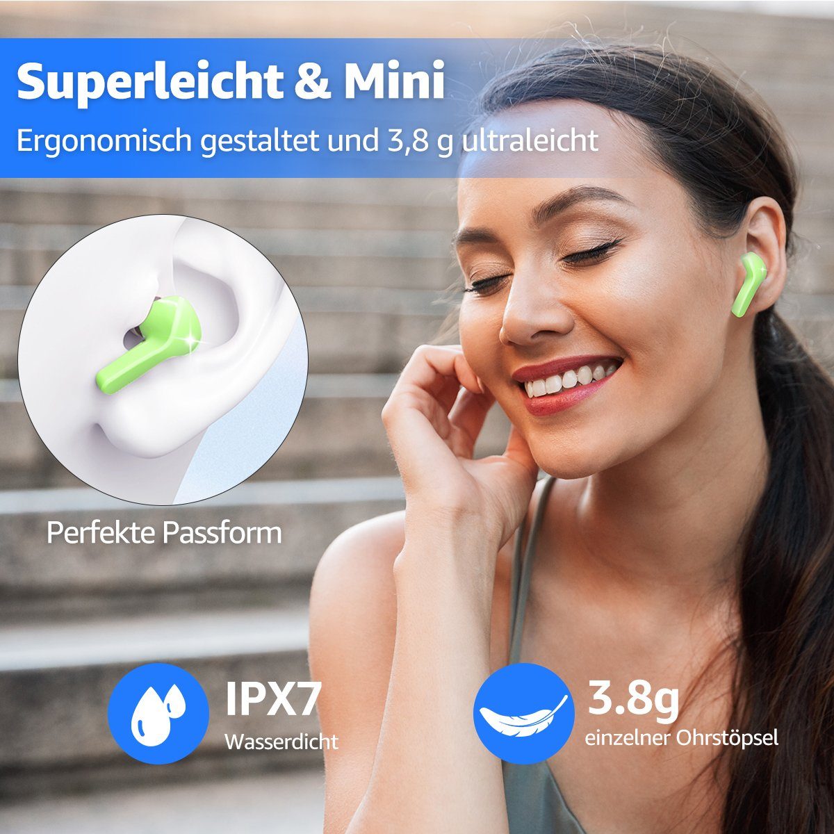 Bluetooth Kabellos Wiedergabe Aufladung) für Dual In-Ear-Kopfhörer HiFi (Komposit-Audiotreiber 5.3 7Magic Stunden Kopfhoerer 10-minütigen einer Stereoklang, EDR, mit Fluoreszierendes wireless Grün Mikrofon + mit 1,5