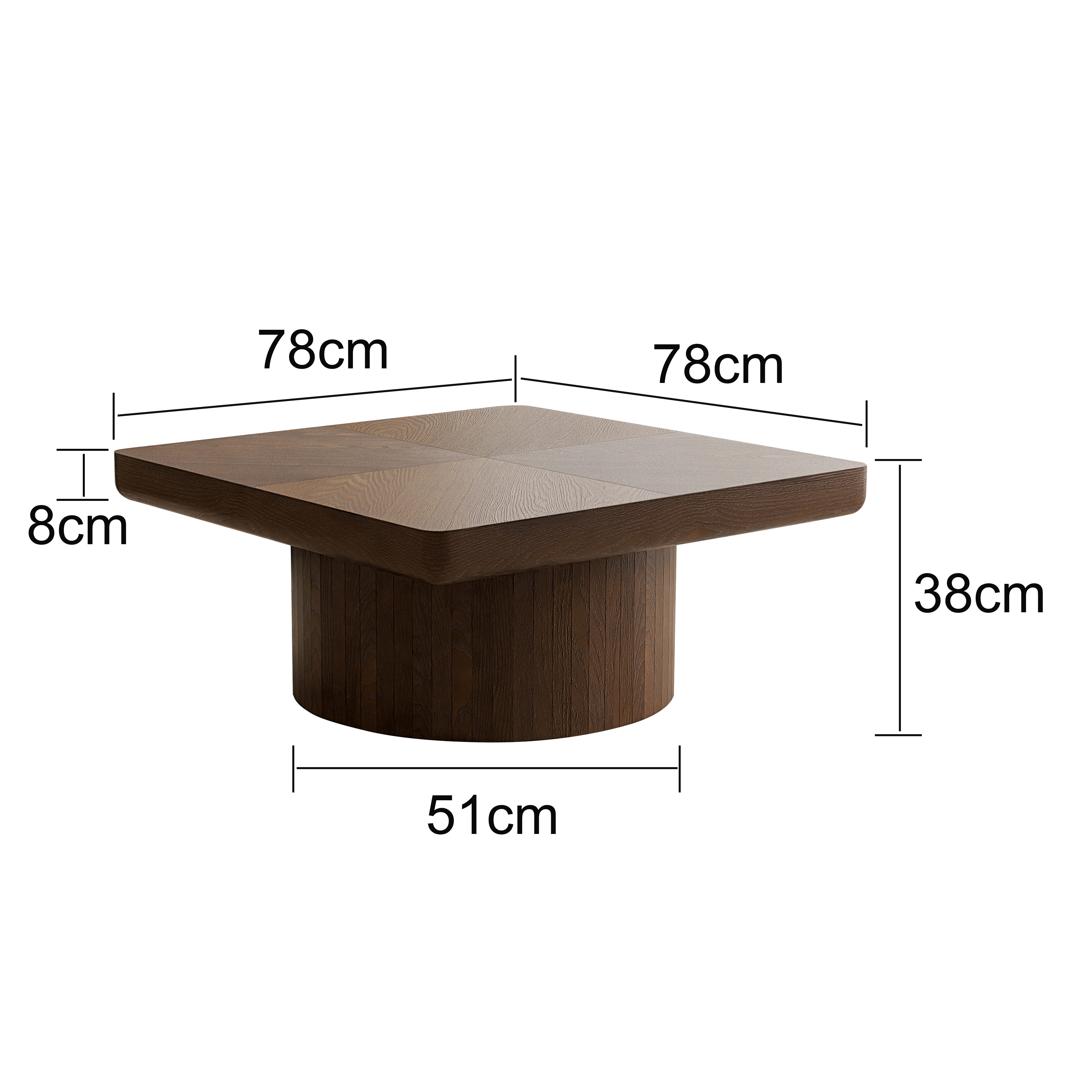 Celya Couchtisch Quadratische Tischplatte, 78 cm, moderne Tischplatte aus Holzfurnier (zylindrischer Sockel, verdickte Tischplatte, Einfach zu montieren), Geeignet für das Wohnzimmer