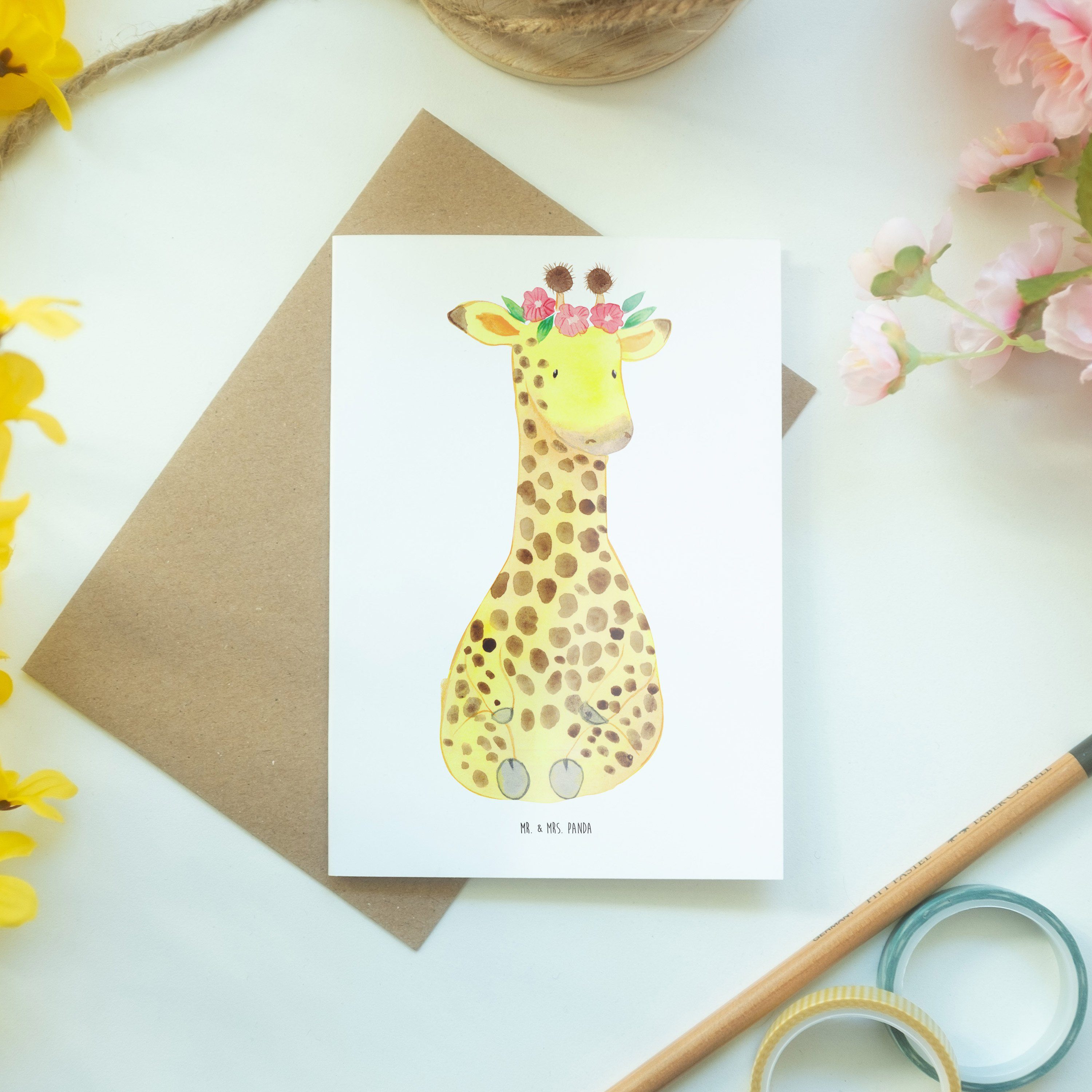 Mr. & Mrs. Giraffe Blumenkranz Grußkarte Weiß - - Panda Wildtiere, Geschenk, Karte, Geburtstagsk