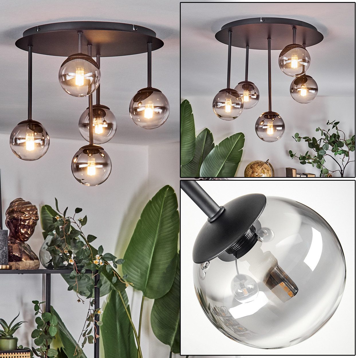 hofstein Deckenleuchte Deckenlampe aus Metall/Glas in Schwarz/Rauchfarben/K günstig online kaufen