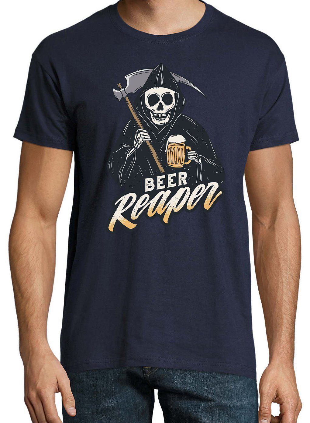 Herren lustigem Designz Youth mit Frontprint Reaper Navyblau T-Shirt Shirt Bier