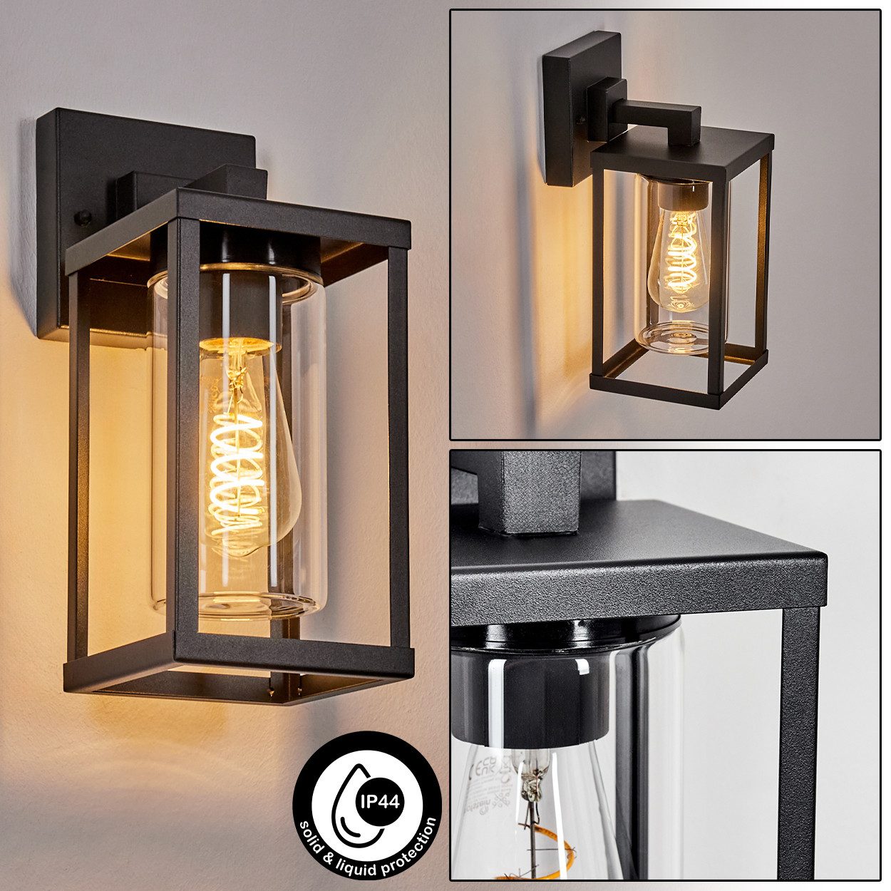 hofstein Außen-Wandleuchte Außenwandlampe aus Metall/Glas in Schwarz/Klar mit Lichteffekt, ohne Leuchtmittel, Wandleuchte außen abwärts im modernen Retro/Vintage-Design, E27, IP44