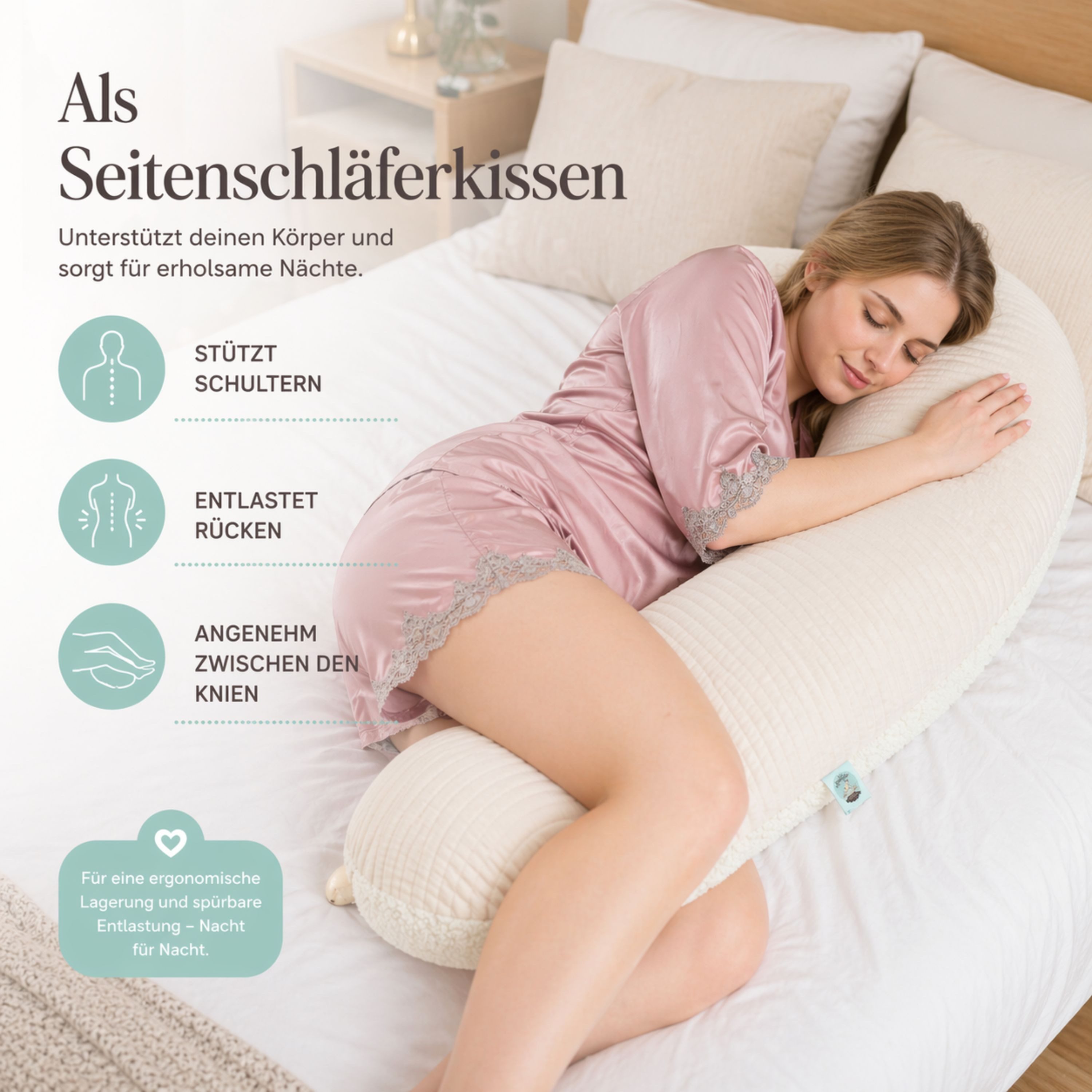 SEI Design Stillkissen Musselin GOTS & Teddyplüsch, Faserbällchen, IGR, Natur, 190x35, Schwangerschaftskissen mit Bezug, 1-tlg., Schwangerschaftskissen mit Bezu – Bild 2 von 5