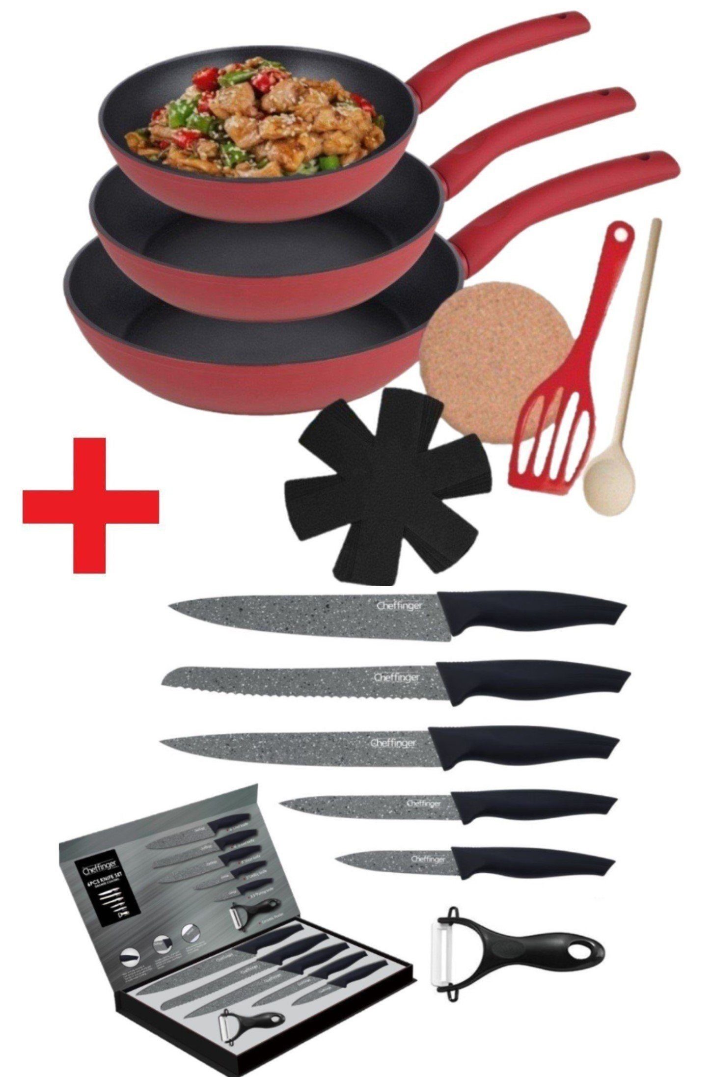 Fanne Löffel 1 Aluminium + rot SET-, + + Induktionsherd 1 Pfannen-Set Küchen (Set, 1 Pfanne Schmorpfanne Bratpfannen Untersetzer KESSMANN Einlagen -KOMPLETT 3 6tlg Antihaft), Kochpfanne Induktion Messerset 15-tlg., 9tlg Pfannenwender + Inkl Pfannenset