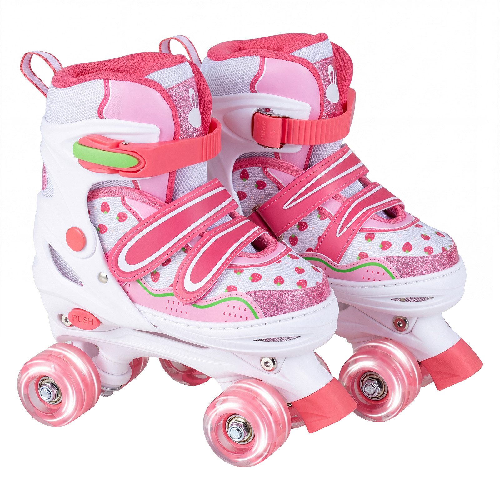 COSTWAY Rollschuhe, Erdbeere Quad Skates mit 4 Größen Verstellbar & LED Rädern