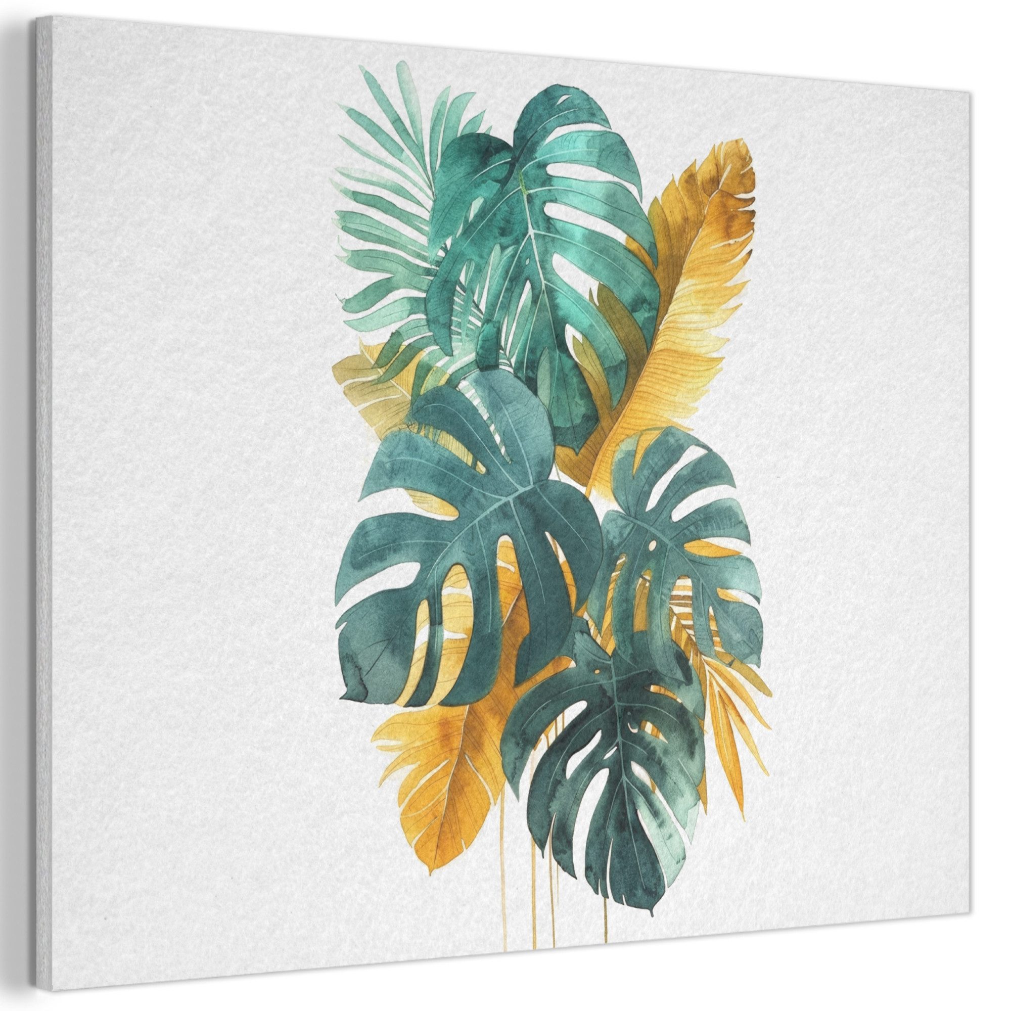 MuchoWow Gemälde Blätter - Tropisch - Gold - Grün - Modern, Fotodruck (1 St), Akustikpaneele PET-Filz, Akustikbild, Schalldämmung, Deko 40x30 cm