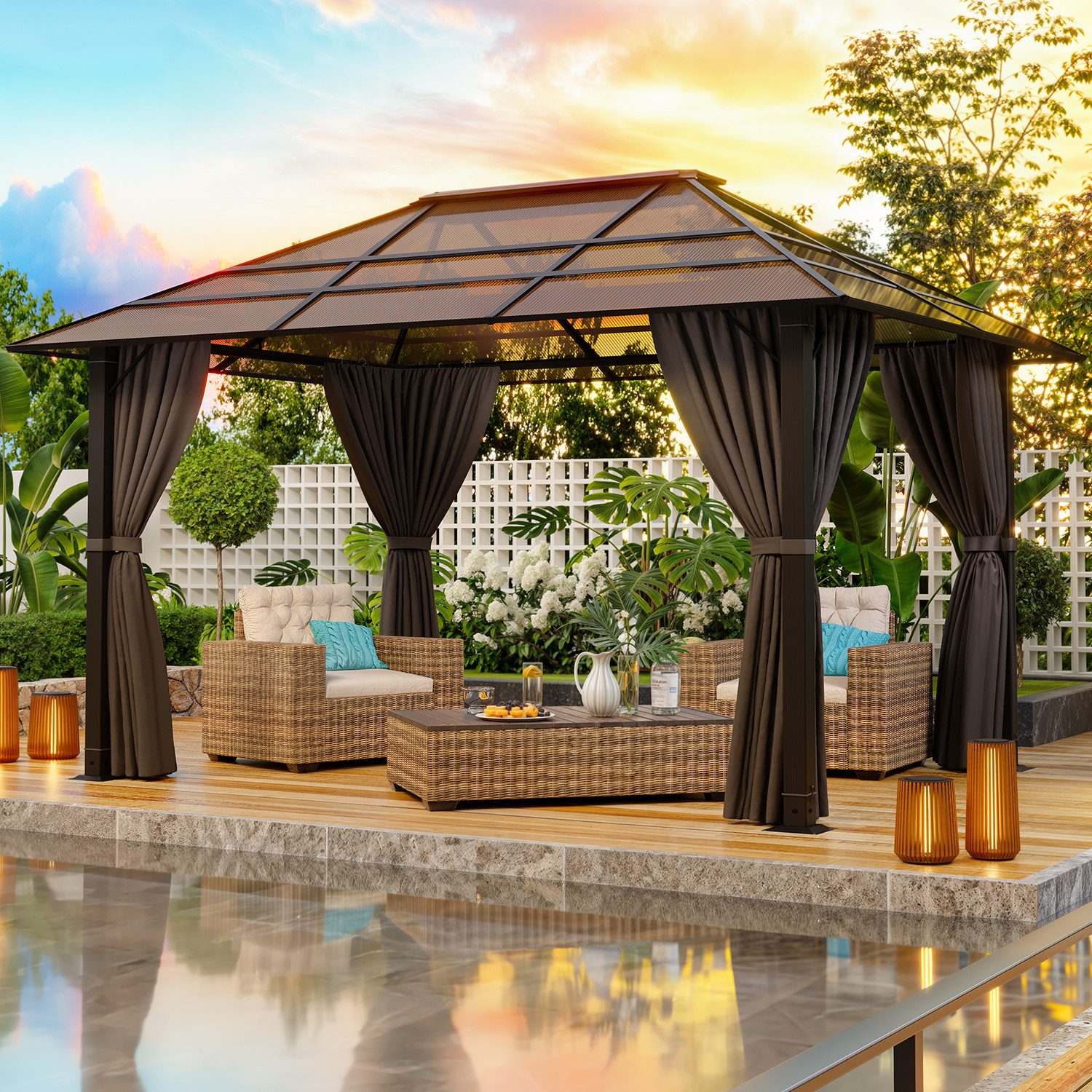 GUNJI Pavillon 3x3/3x4m Gartenpavillon mit 4 Seitenteilen&LED-Beleuchtung, (mit 4 Seitenteilen, Beine aus verdichtetem Aluminium, für Balkon, Terrasse), robustes Aluminiumgestell mit PC-Dach, windfest, stabil und langlebig