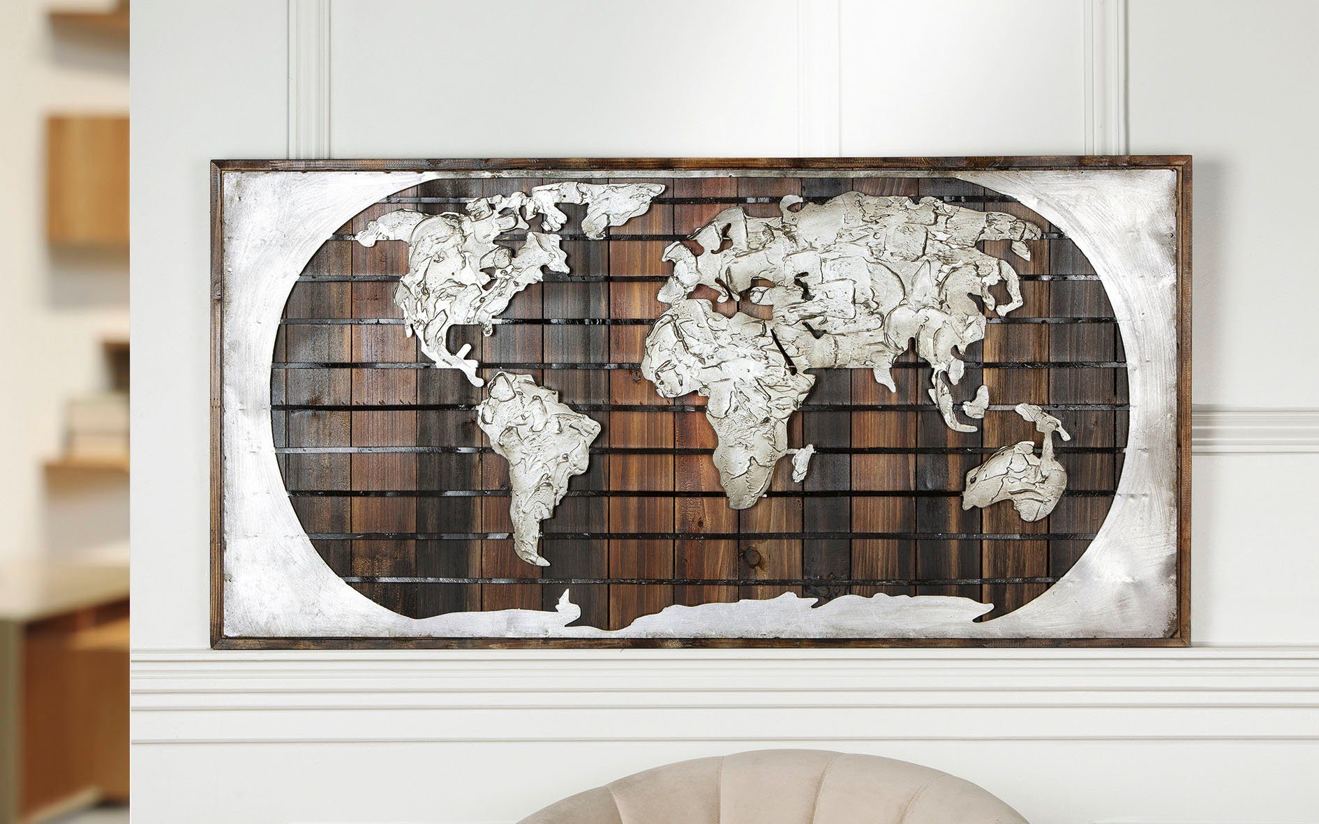 Weltkarte St), Kunstobjekt im handgefertigt, Holz, Bild GALLERY (1 Wohnzimmer - Schlafzimmer & Metall, auf aus GILDE dekorativ Metallbild Erde