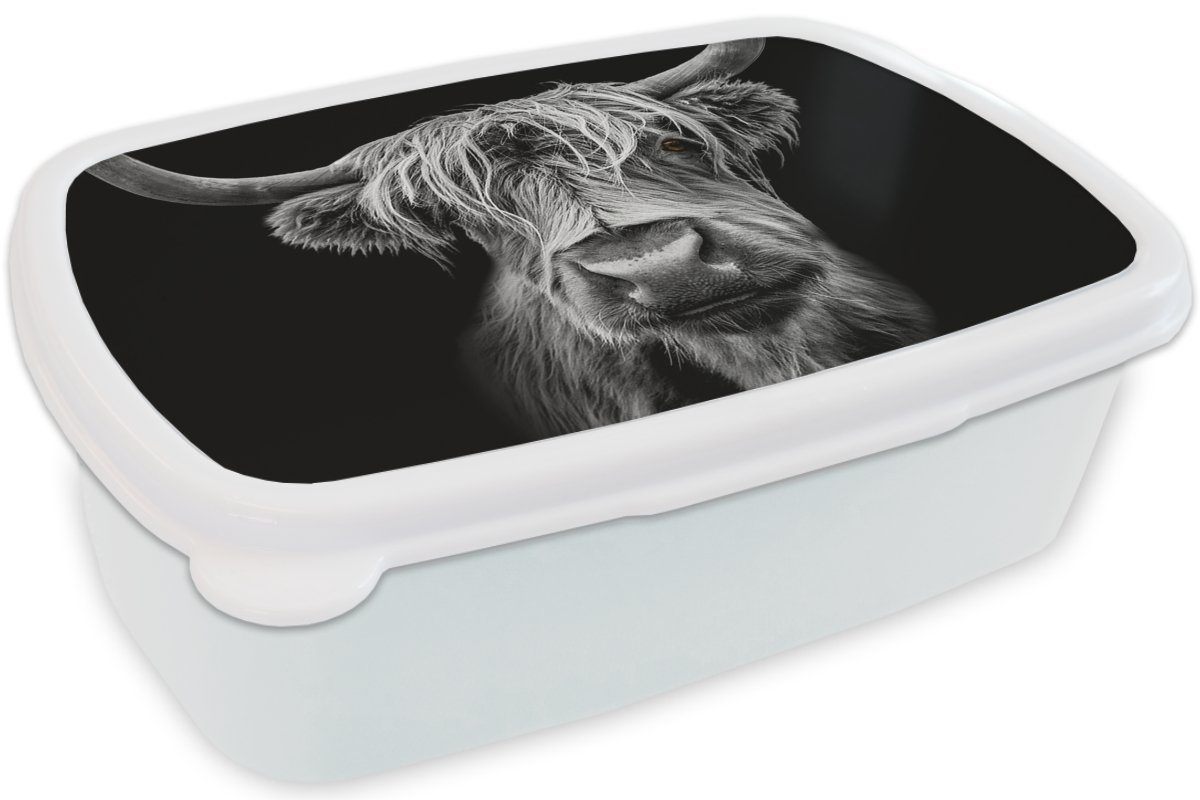 MuchoWow Lunchbox Schottischer Highlander - Schwarz - (2-tlg), - für Wild Tiere, Jungs Mädchen und Weiß - Brotdose, Kinder - Brotbox - und Erwachsene, Kuh für Kunststoff, Hörner