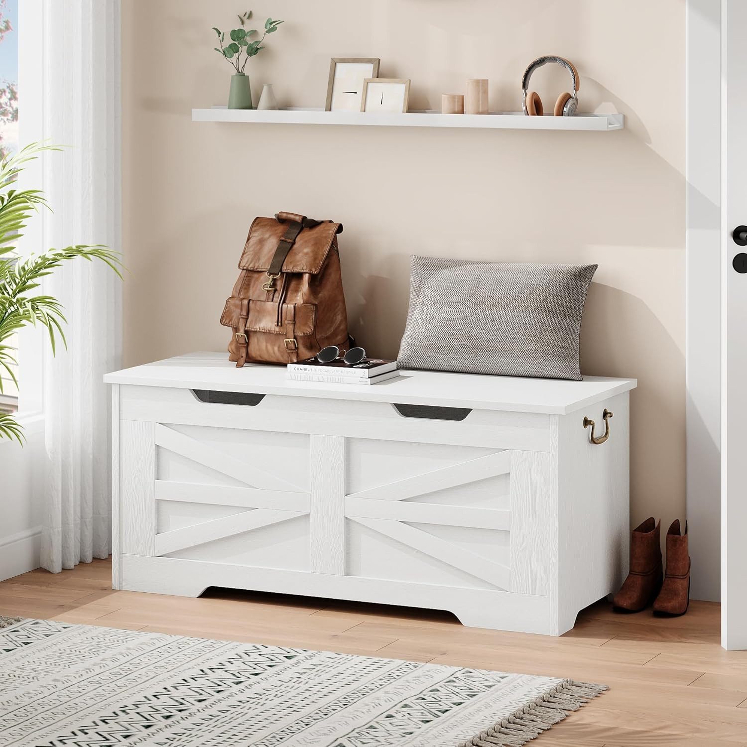 GarveeMore Aufbewahrungsbox 100cm Holz-Sitzbank mit Sicherheits-Scharnier,Aufbewahrungstruhe, Truhe mit Klappdeckel (z. B. für Decken), belastbar bis 159 kg