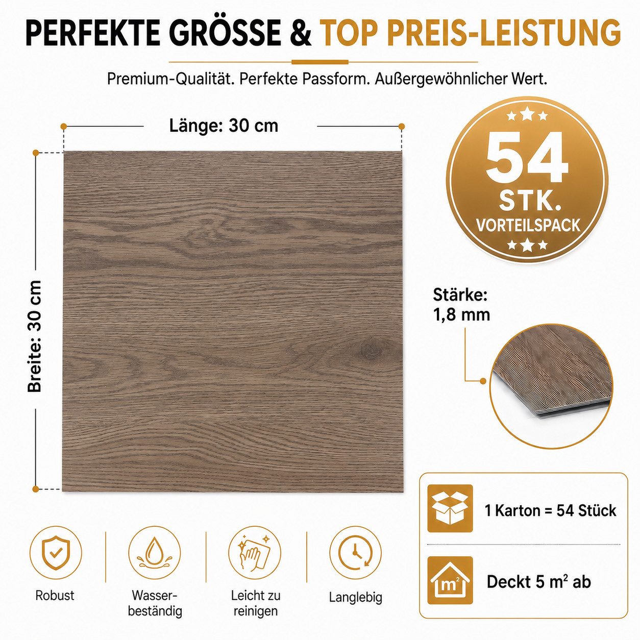 BlingBin Vinylboden PVC-Bodenfliesen selbstklebend in Holzoptik, 54 Stück, ca. 4,86 m², zuschneidbar, Rutschfest Wasserfest, DIY Boden Renovierung, 54er Set, Maße je Fliese: ca. 30 x 30 cm, Stärke: ca. 1,8 mm, Bodenaufkleber, 30 x 30 cm, 1,8 mm, für Küche, Flur & Wohnräume