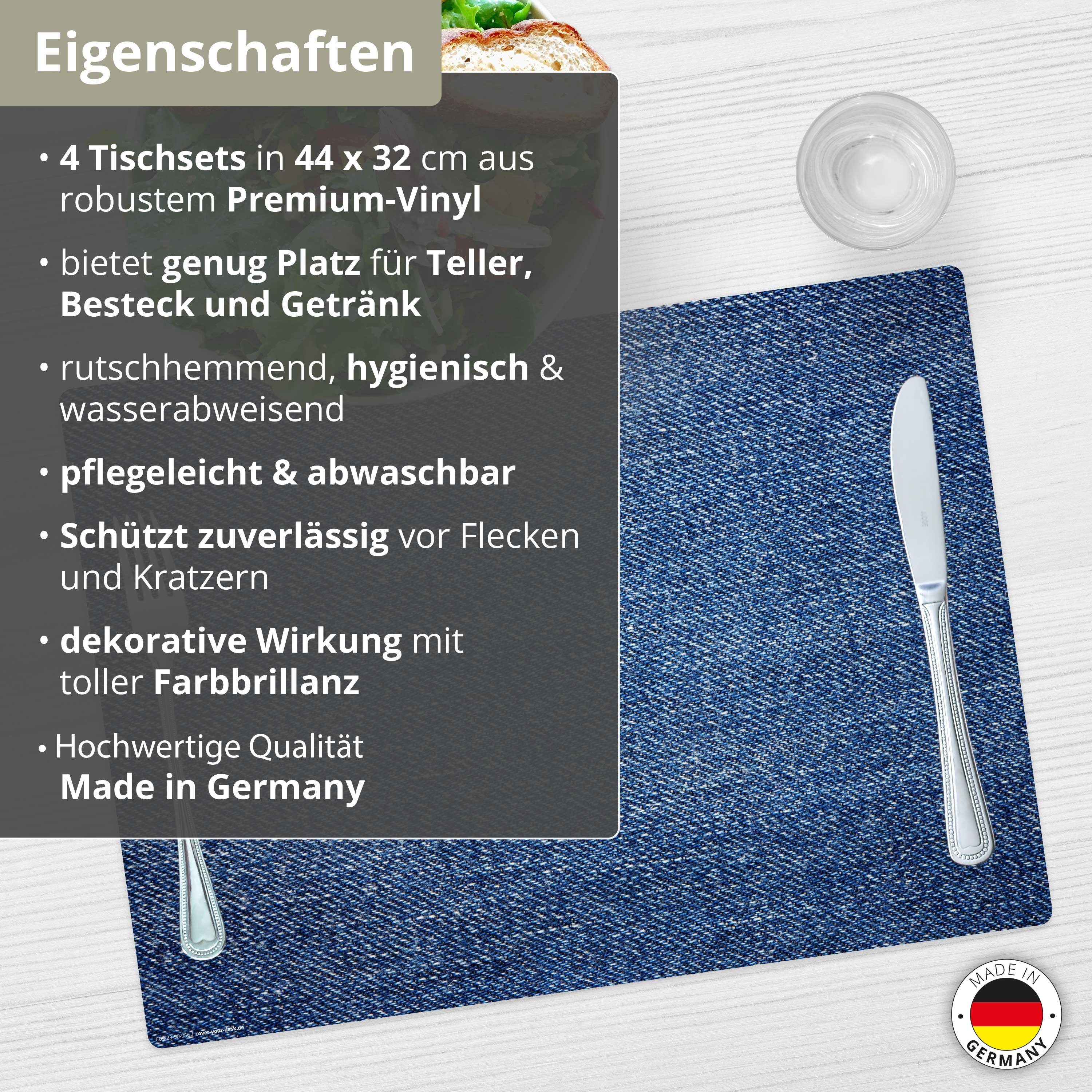 Tischsetmacher, x 4, Platzset, cm - rutschfeste 44 – blauer 32 Tischset, erstklassigem in Jeans Vinyl Stoff, Tischdekoration), - abwaschbar 4-St., (Kunststoff Platzset Germany (aus Made BPA-frei),