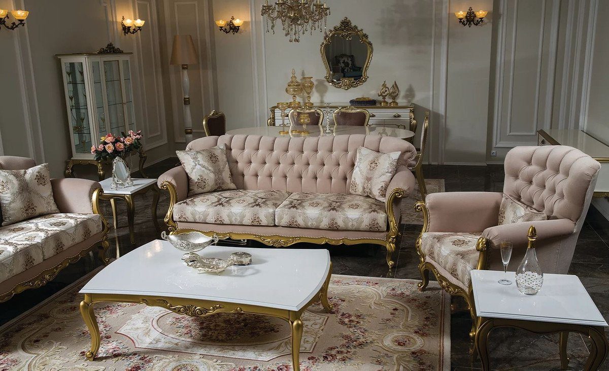Casa Padrino Sofa cm 220 Rosa Barock Kissen Wohnzimmer Möbel elegantem - Luxus / Gold Muster im und x Barockstil 82 dekorativen Wohnzimmer 95 Sofa Massivholz H. Sofa mit - x