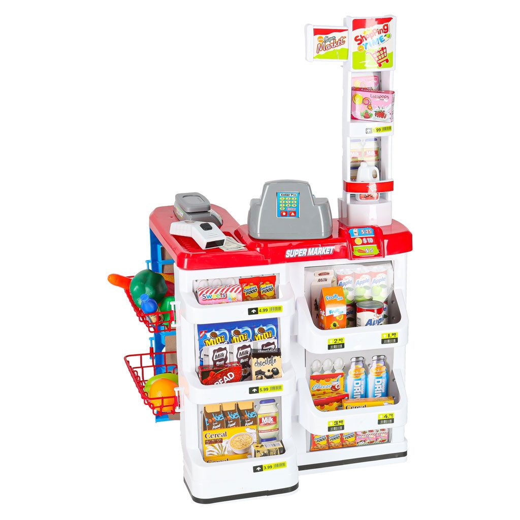 Ikonka Kaufladen Spielsupermarkt Einkaufswagen Registrierkasse (Spar-Set, 1-tlg., 48 x 41 x 82 cm bunt), Scannerton, Waage, Kasse, Einkaufswagen, 47 Teile