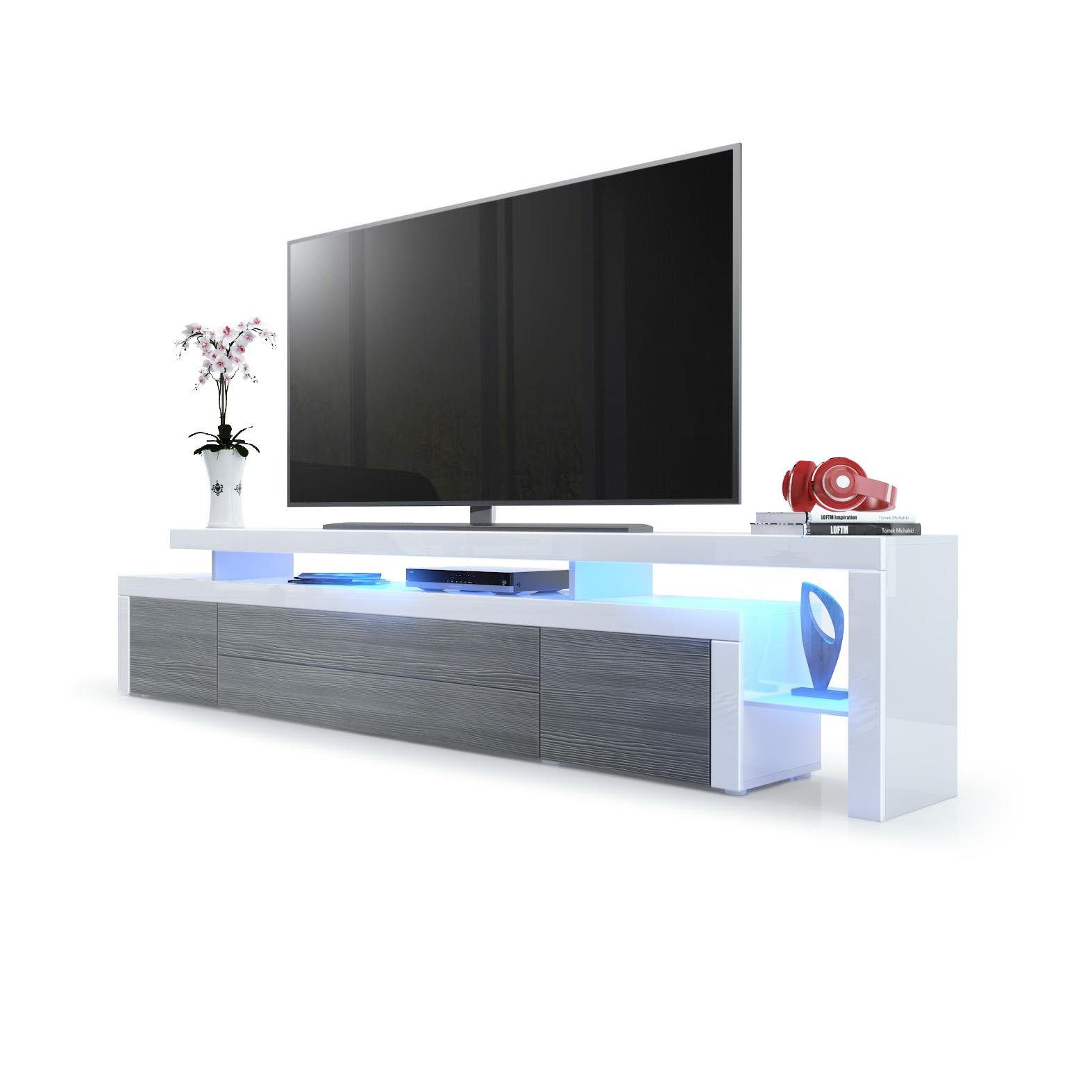 Vladon Lowboard Leon V3 (TV-Kommode, mit zwei Türen, zwei Schubkästen und einem modernen Überbau inkl. LED), Avola-Anthrazit/Weiß Hochglanz (227 x 52 x 35 cm)