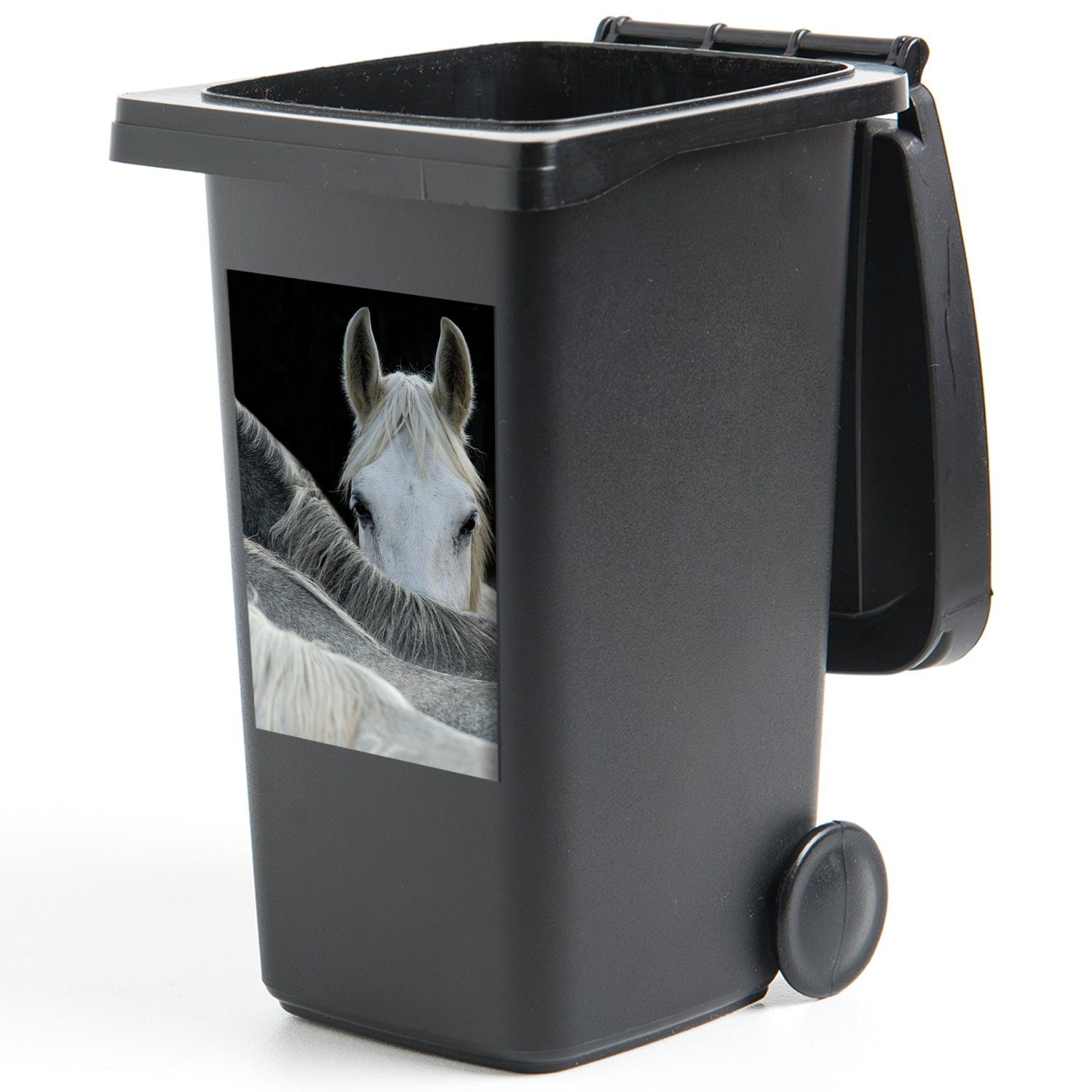 MuchoWow Wandsticker Mülltonne, Container, - (1 St), Abfalbehälter - Mülleimer-aufkleber, Sticker, Pferde Tiere - Schwarz Weiß