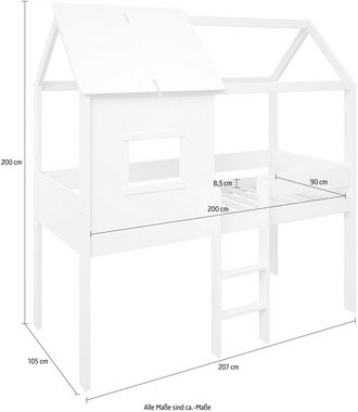 Lüttenhütt Hochbett Stockbett, Hausbett mit Fenster "ORDI " zertifiziertes Massivholz mit MDF